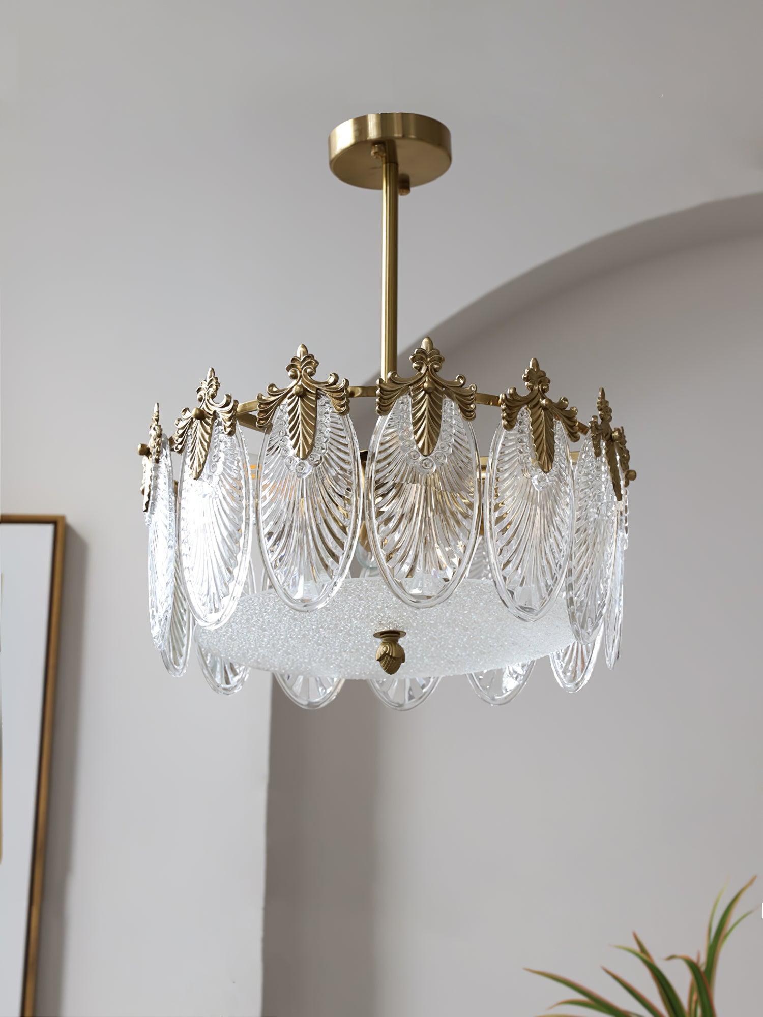 Modern Hand Formed Pattern Glass Petal Chandelier with Copper Finish for Living and Dining Rooms