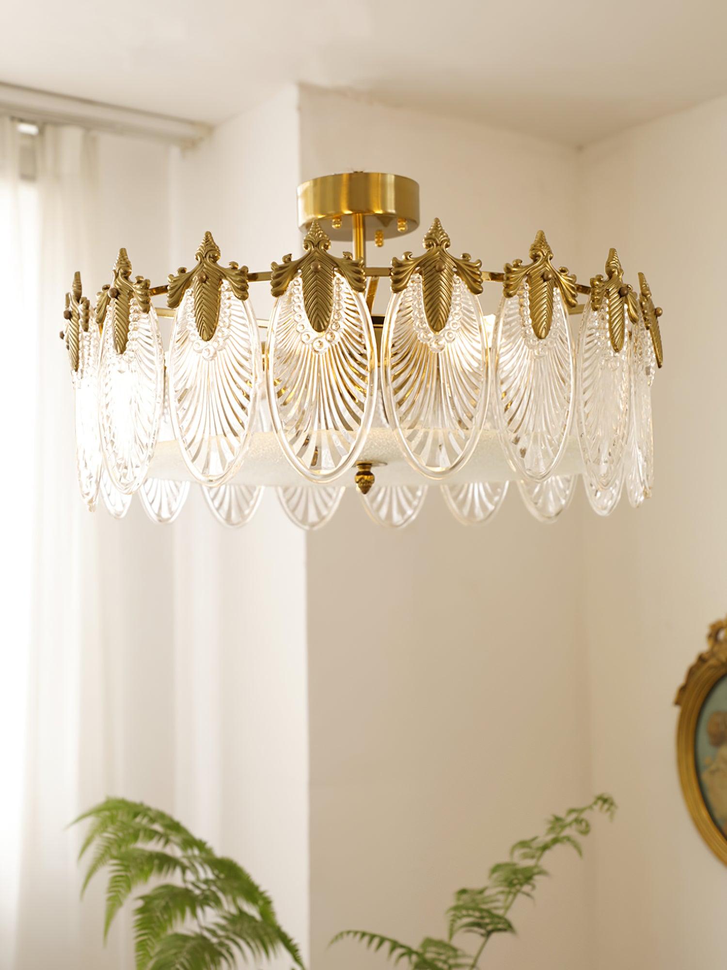 Modern Hand Formed Pattern Glass Petal Chandelier with Copper Finish for Living and Dining Rooms