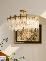 Modern Hand Formed Pattern Glass Petal Chandelier with Copper Finish for Living and Dining Rooms