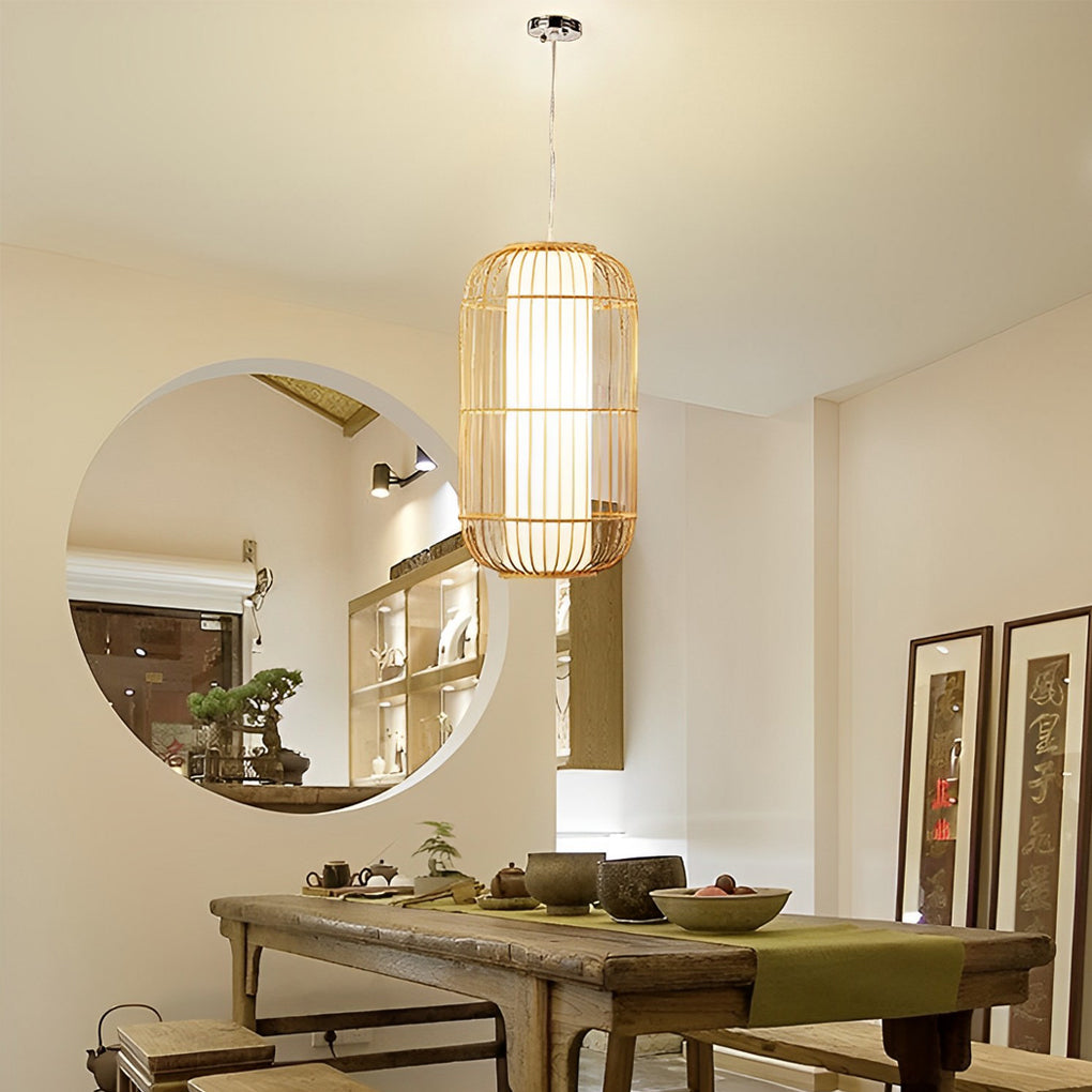 Modern Hand Woven Bamboo Pendant Light Natural Burlywood Wood Ceiling Fixture