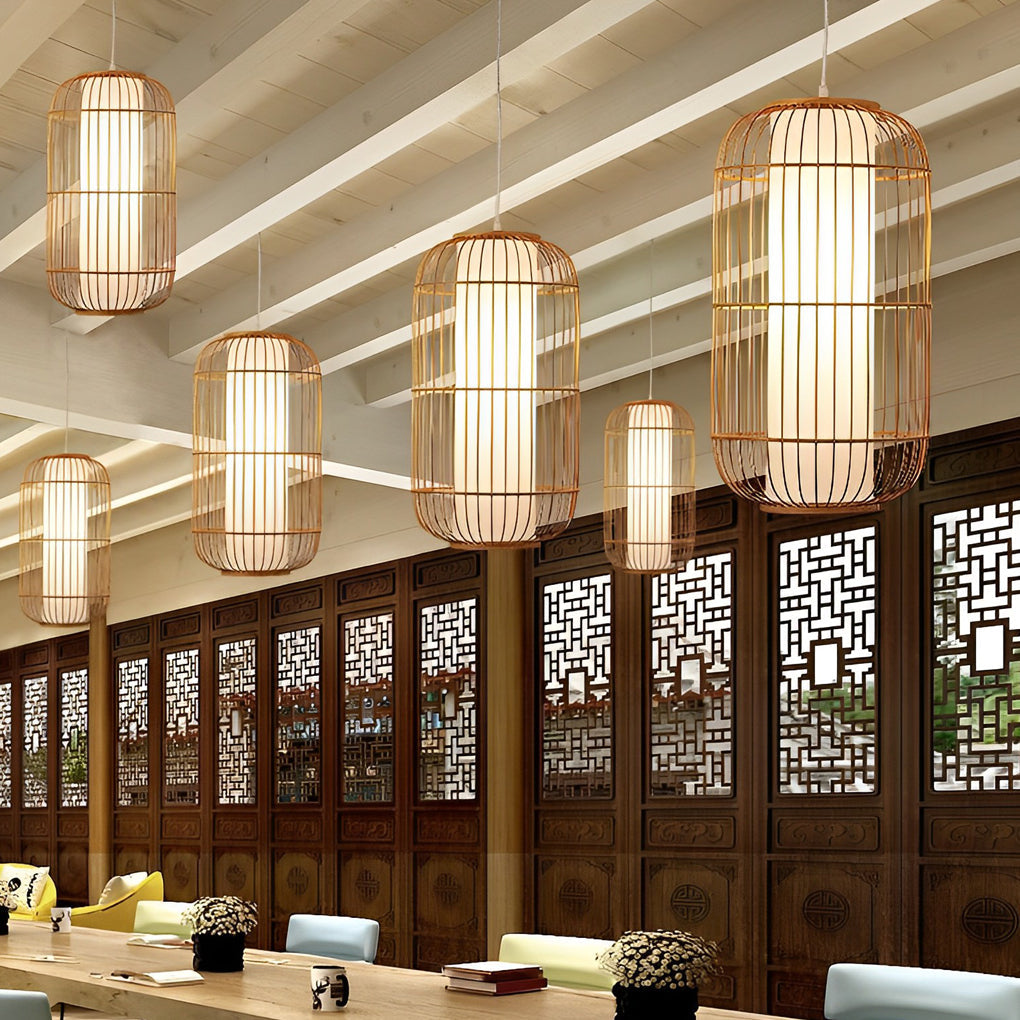 Modern Hand Woven Bamboo Pendant Light Natural Burlywood Wood Ceiling Fixture