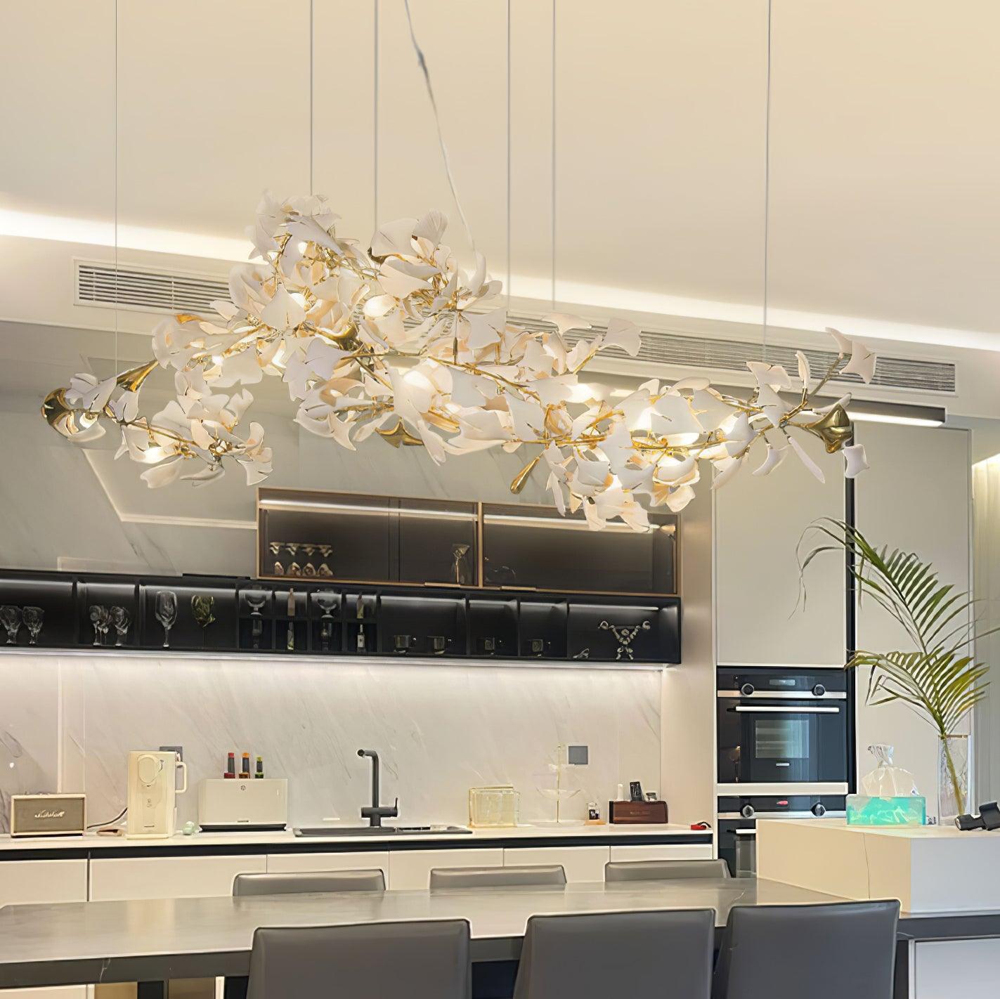 Modern Handcrafted Ceramic Ginkgo Leaf Chandelier Metal Pendant Lighting Fixture