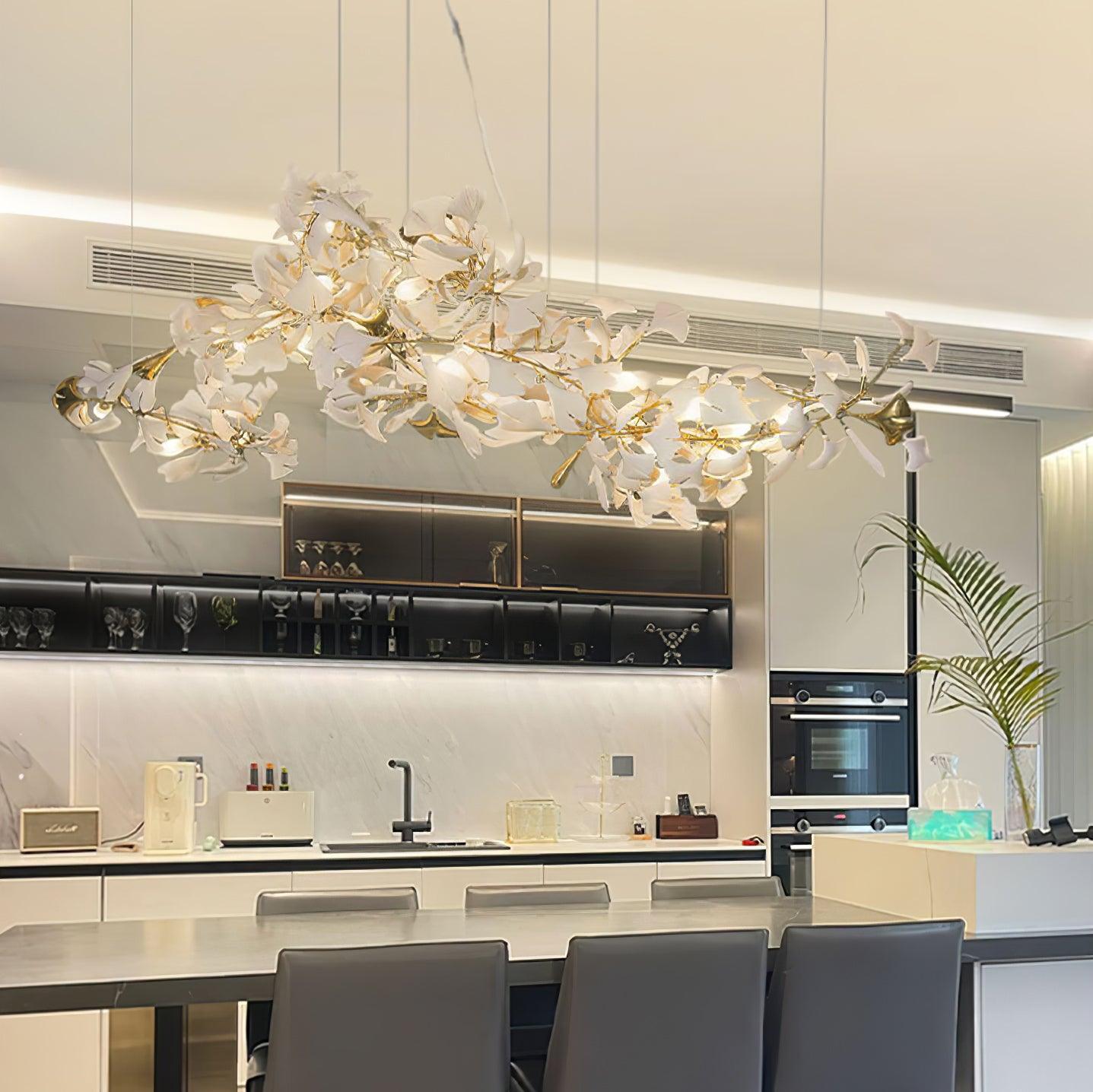 Modern Handcrafted Ceramic Ginkgo Leaf Chandelier Metal Pendant Lighting Fixture