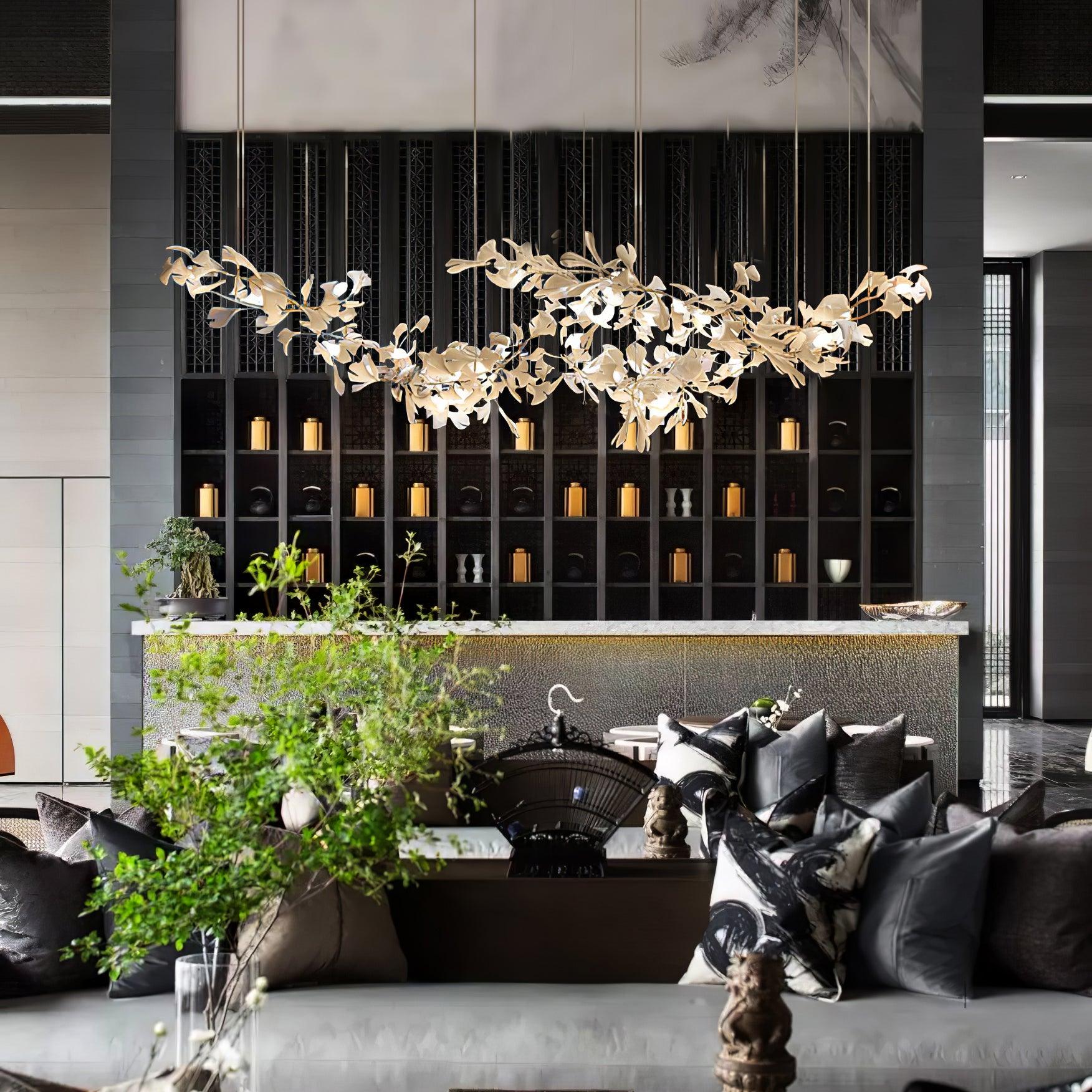 Modern Handcrafted Ceramic Ginkgo Leaf Chandelier Metal Pendant Lighting Fixture