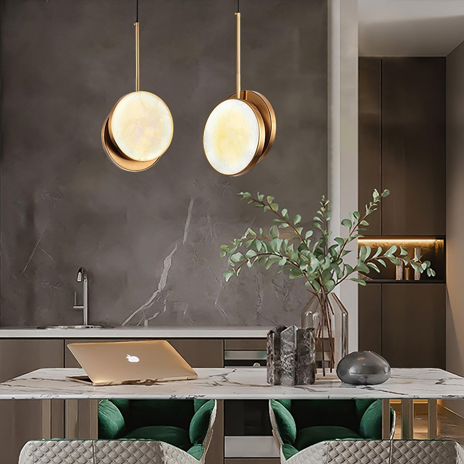 Modern Handcrafted Natural Alabaster and Brass LED Pendant Light Moonshade Droplight