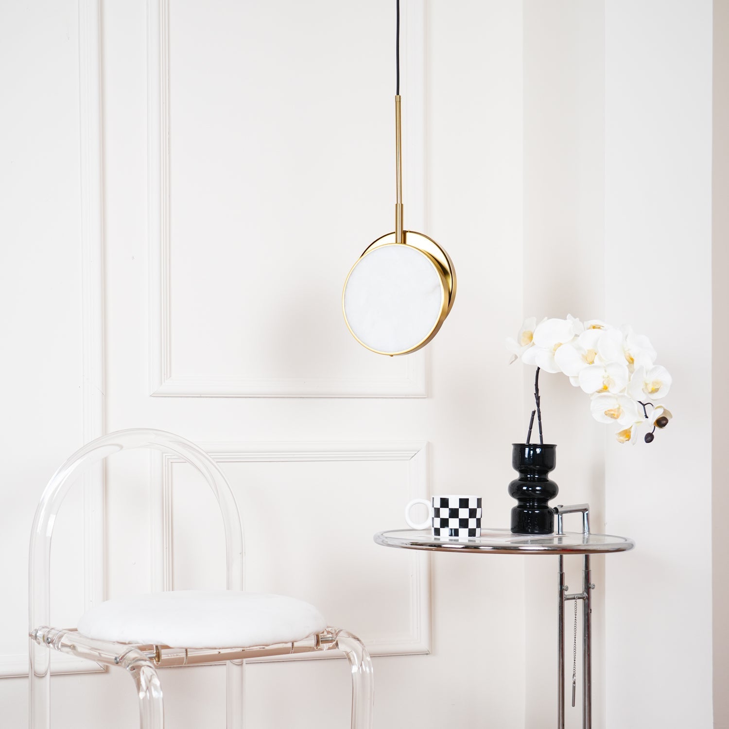 Modern Handcrafted Natural Alabaster and Brass LED Pendant Light Moonshade Droplight