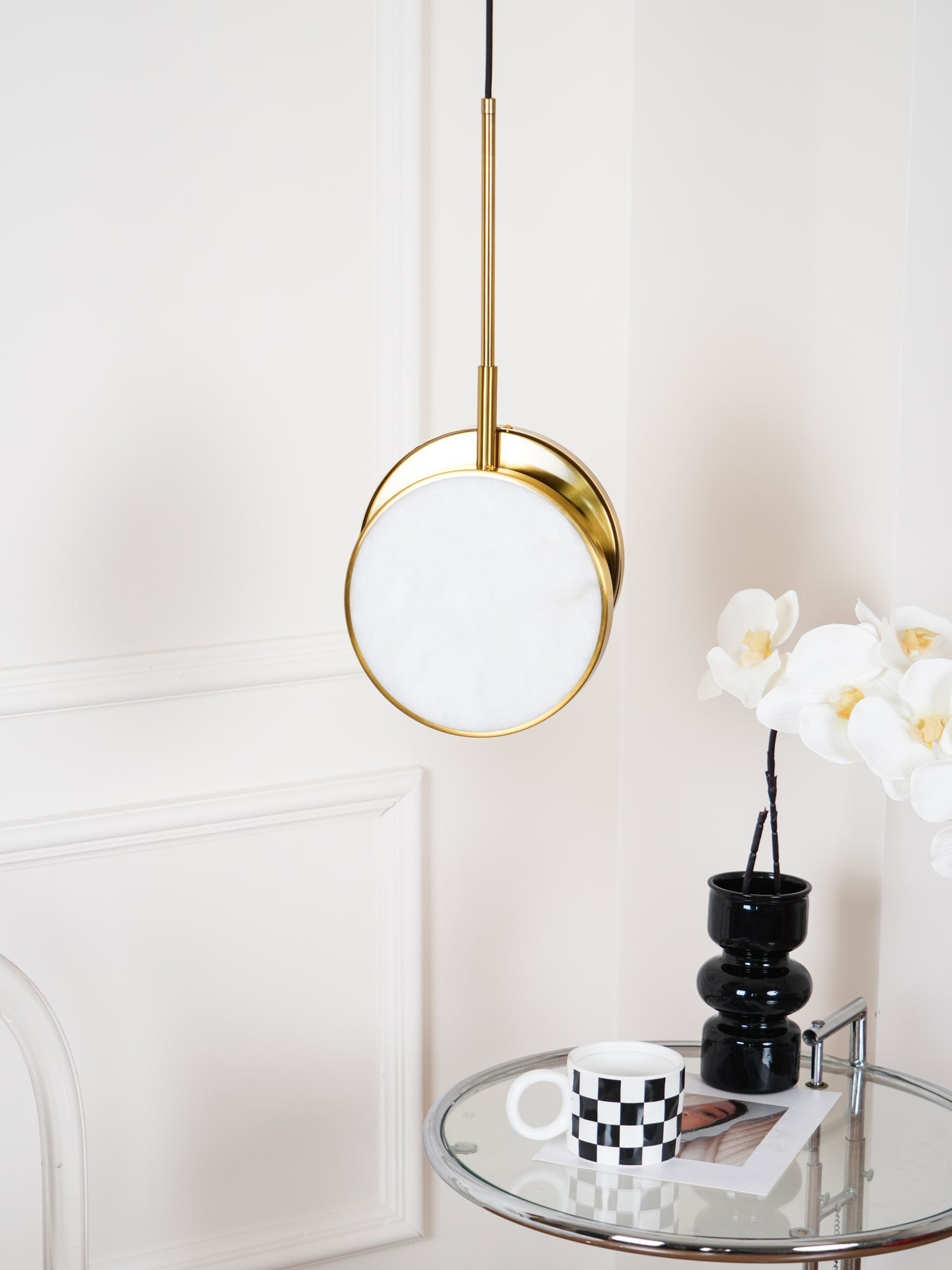 Modern Handcrafted Natural Alabaster and Brass LED Pendant Light Moonshade Droplight
