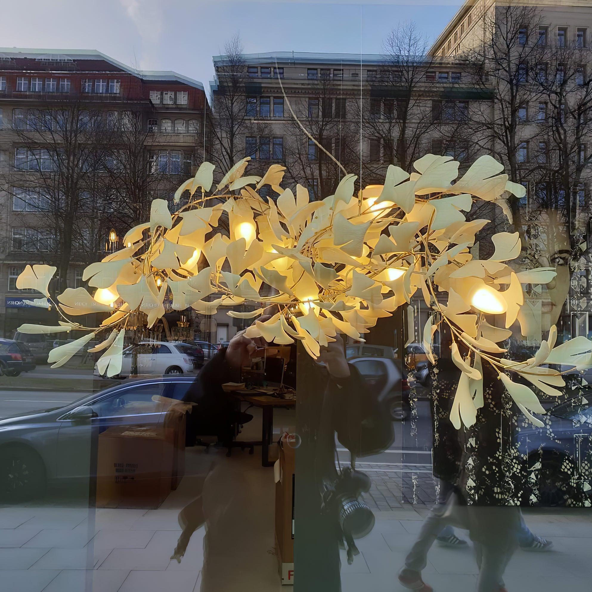 Modern Handcrafted Porcelain Ginkgo Leaf Chandelier Brass Branch Pendant Lighting
