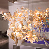 Modern Handcrafted Porcelain Ginkgo Leaf Chandelier Brass Branch Pendant Lighting