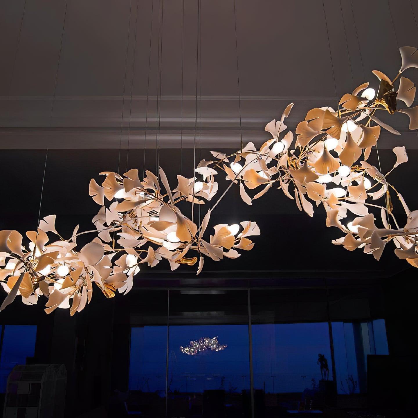 Modern Handcrafted Porcelain Ginkgo Leaf Chandelier Brass Branch Pendant Lighting