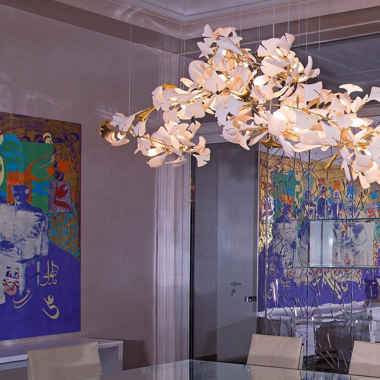 Modern Handcrafted Porcelain Ginkgo Leaf Chandelier Brass Branch Pendant Lighting