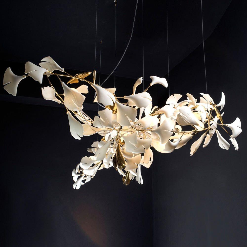 Modern Handcrafted Porcelain Ginkgo Leaf Chandelier Brass Branch Pendant Lighting
