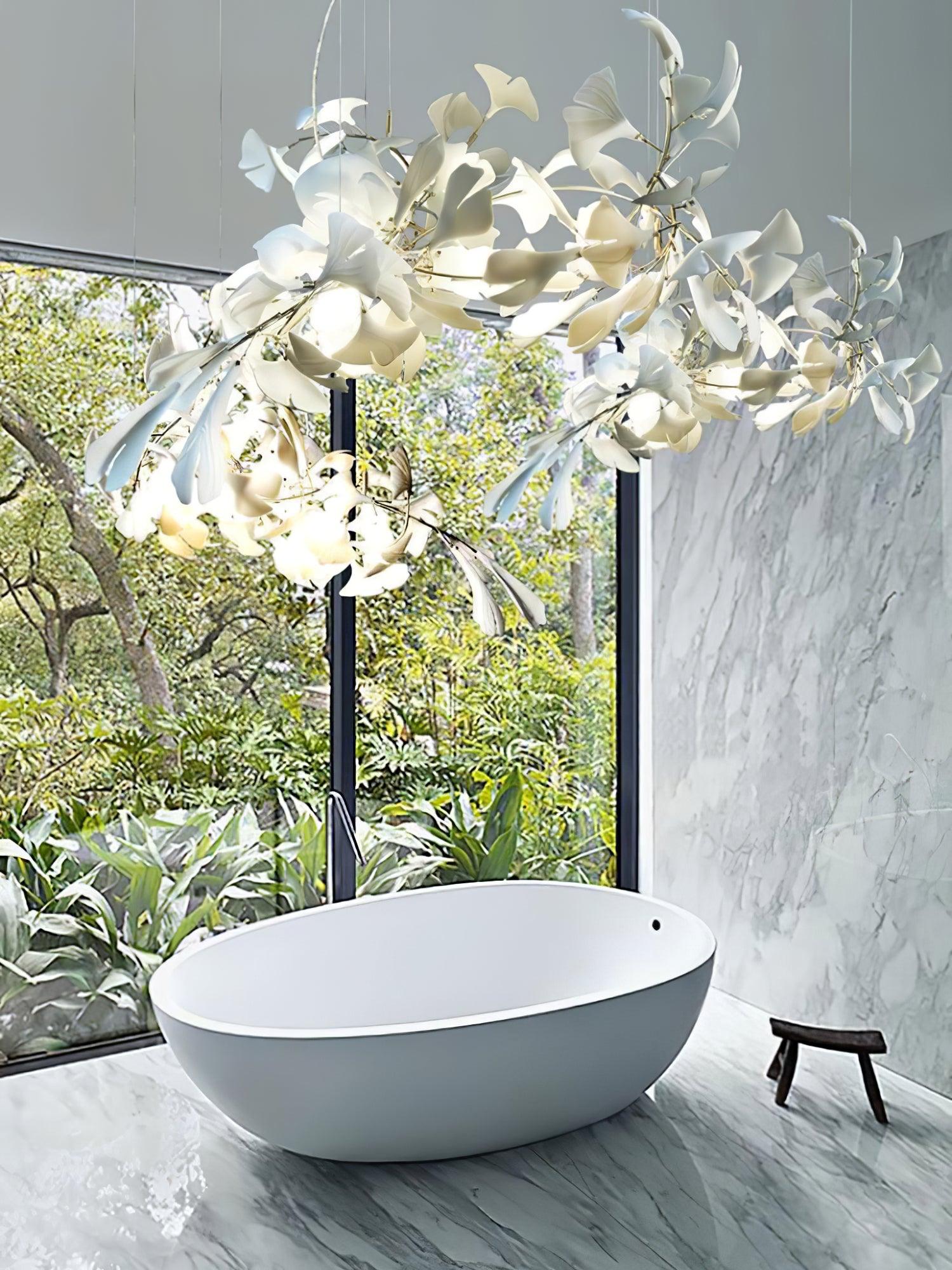 Modern Handcrafted Porcelain Ginkgo Leaf Chandelier Brass Branch Pendant Lighting