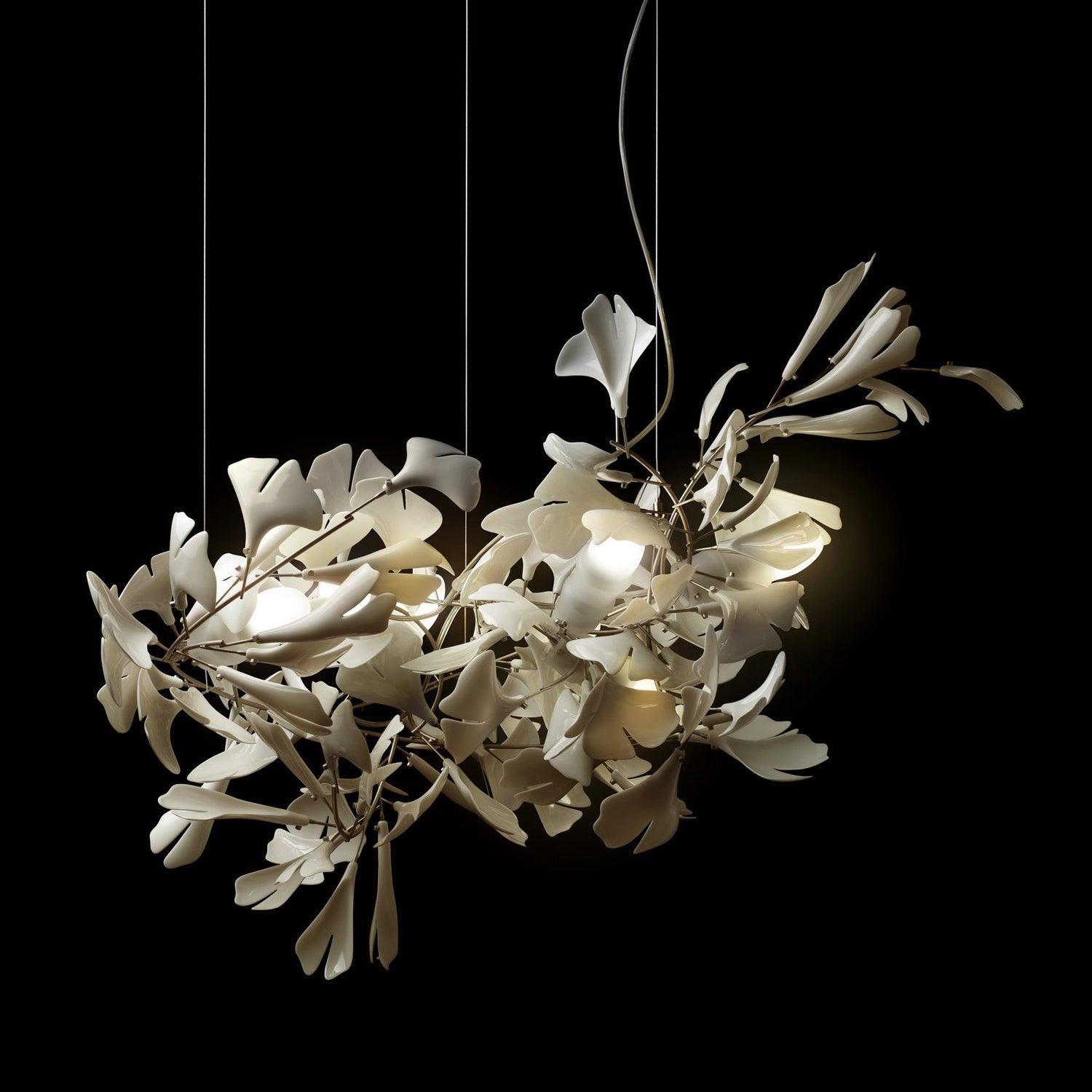 Modern Handcrafted Porcelain Ginkgo Leaf Chandelier Brass Branch Pendant Lighting