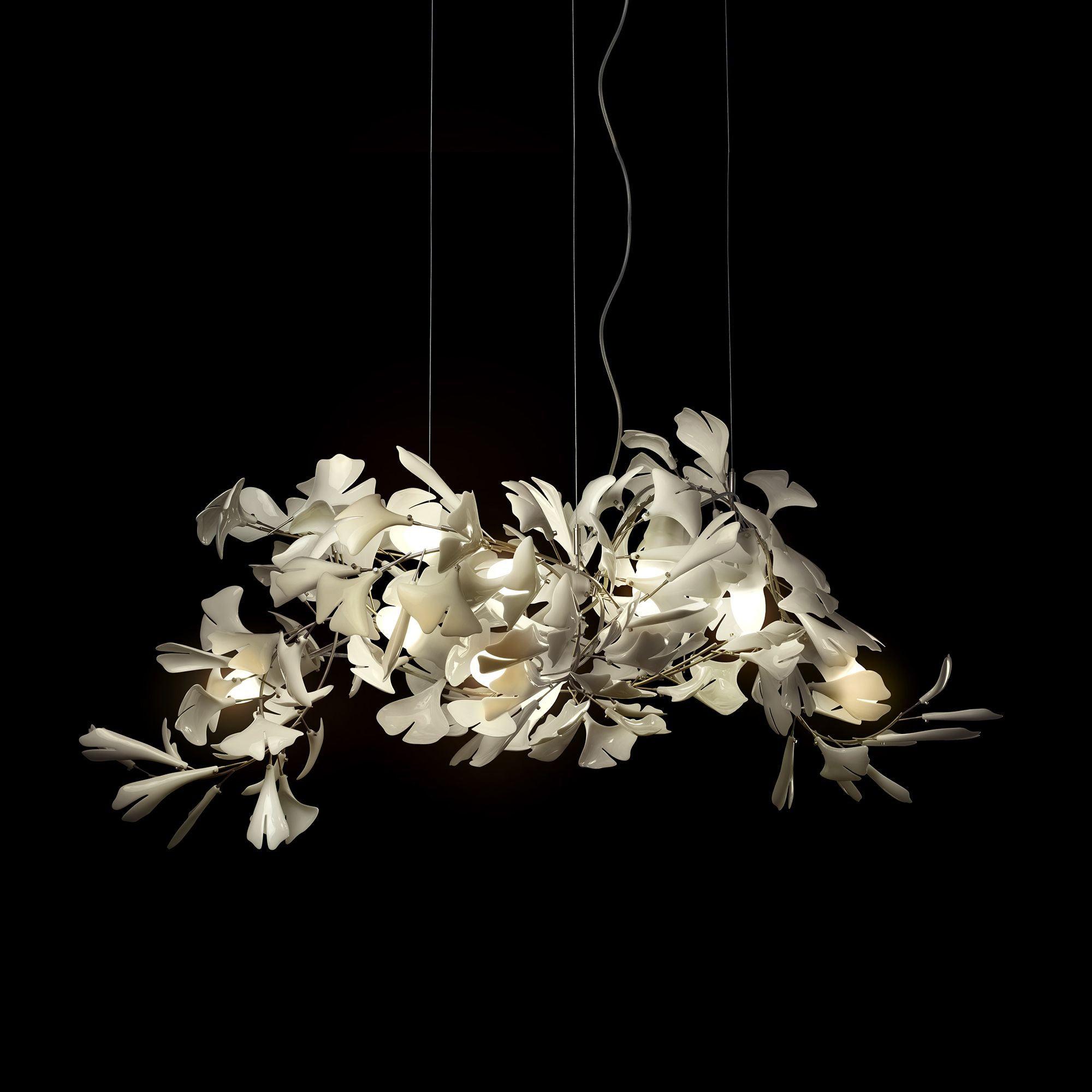 Modern Handcrafted Porcelain Ginkgo Leaf Chandelier Brass Branch Pendant Lighting