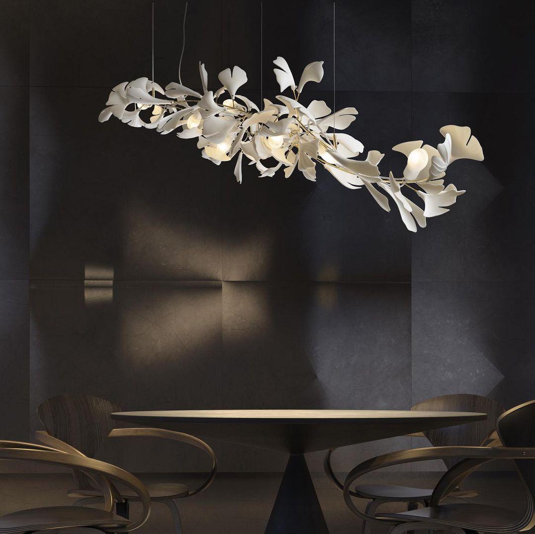 Modern Handcrafted Porcelain Ginkgo Leaf Chandelier Brass Branch Pendant Lighting