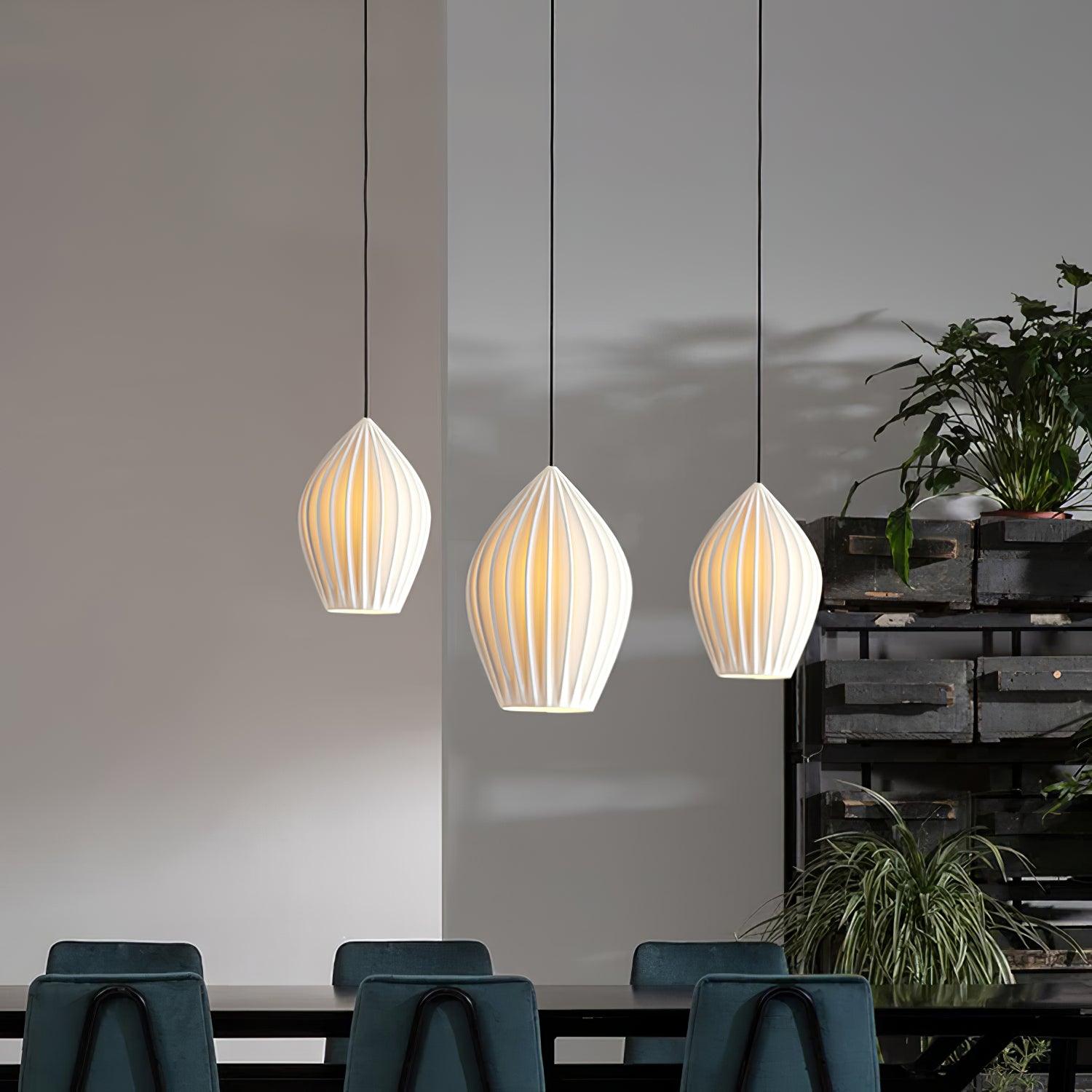 Modern Handmade Bone China Ribbed Ceramic Pendant Light for Dining Room and Living Room Decor
