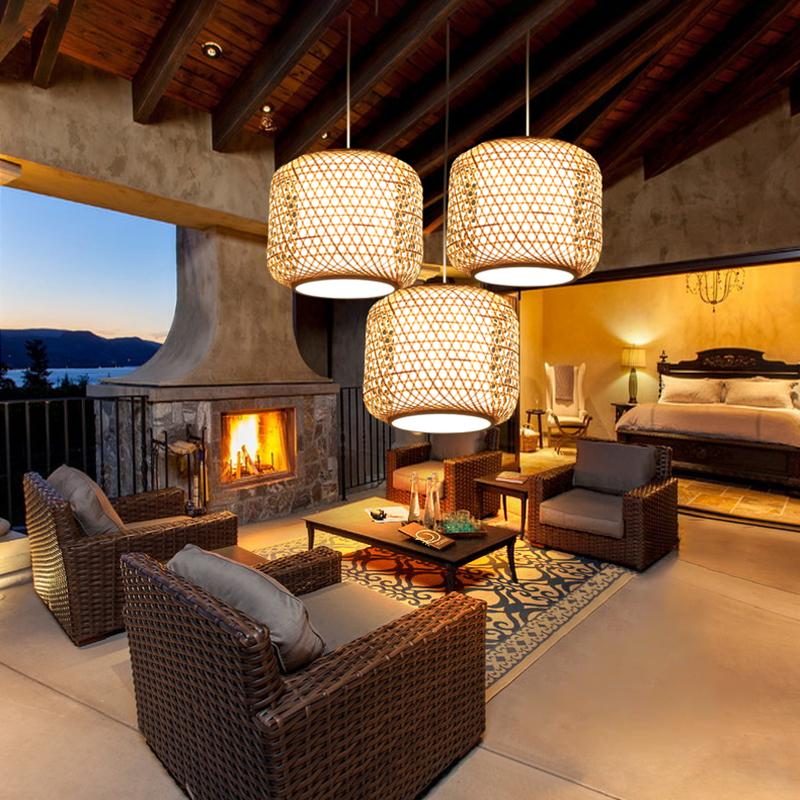 Modern Handwoven Bamboo Cylinder Pendant Light Natural Wood Hanging Lamp for Hallway