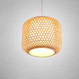 Modern Handwoven Bamboo Cylinder Pendant Light Natural Wood Hanging Lamp for Hallway
