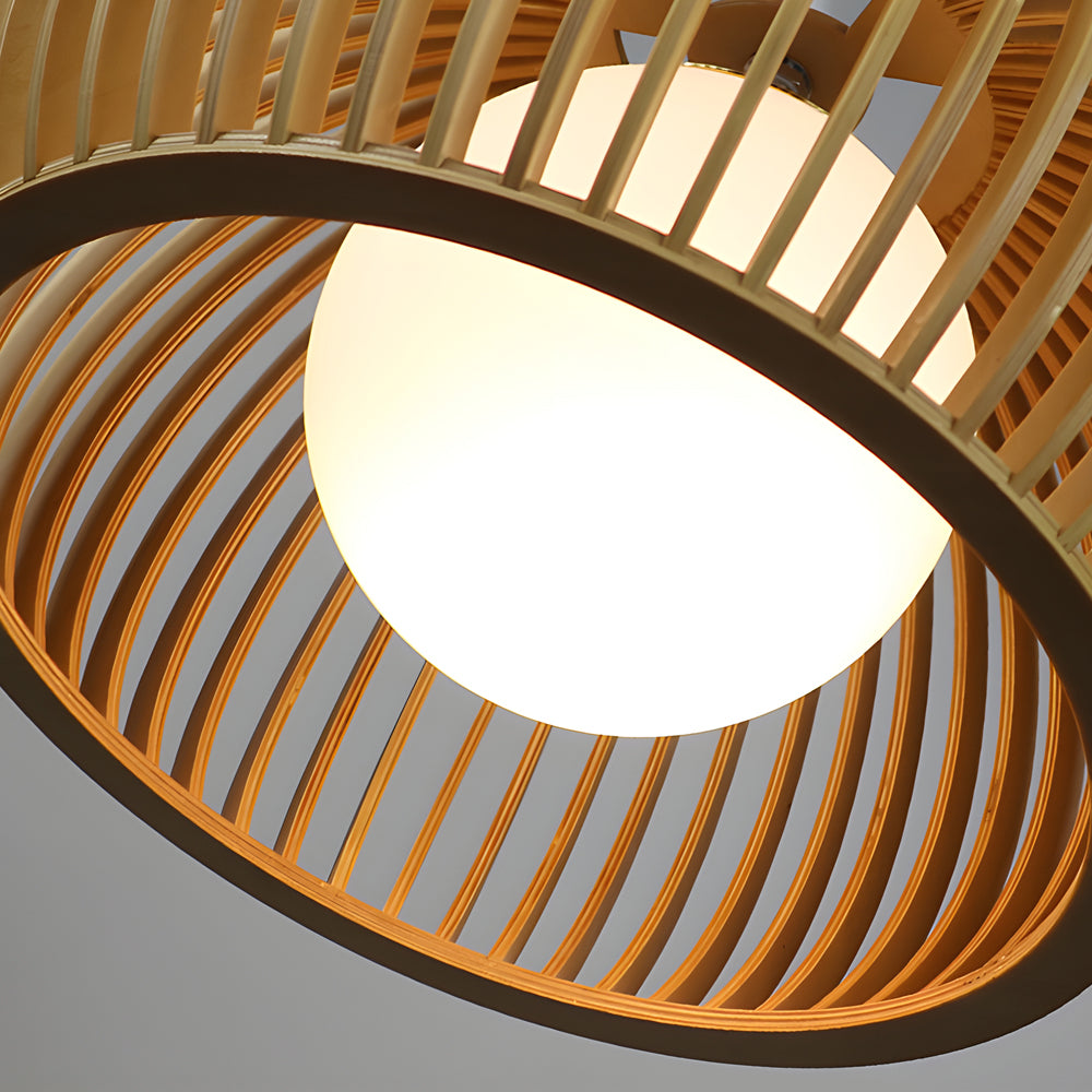 Modern Hemispherical Wood Birdcage Pendant Light with Glass Ball Shade for Living Room