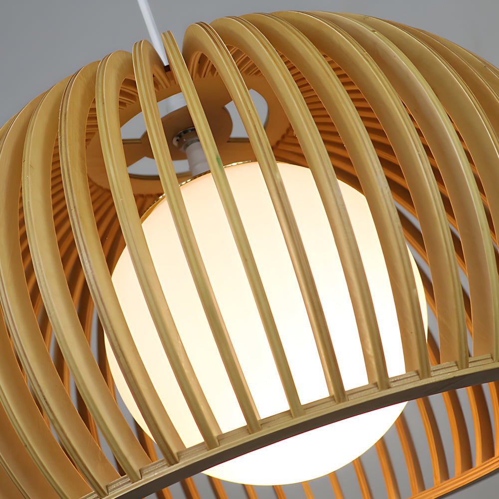 Modern Hemispherical Wood Birdcage Pendant Light with Glass Ball Shade for Living Room