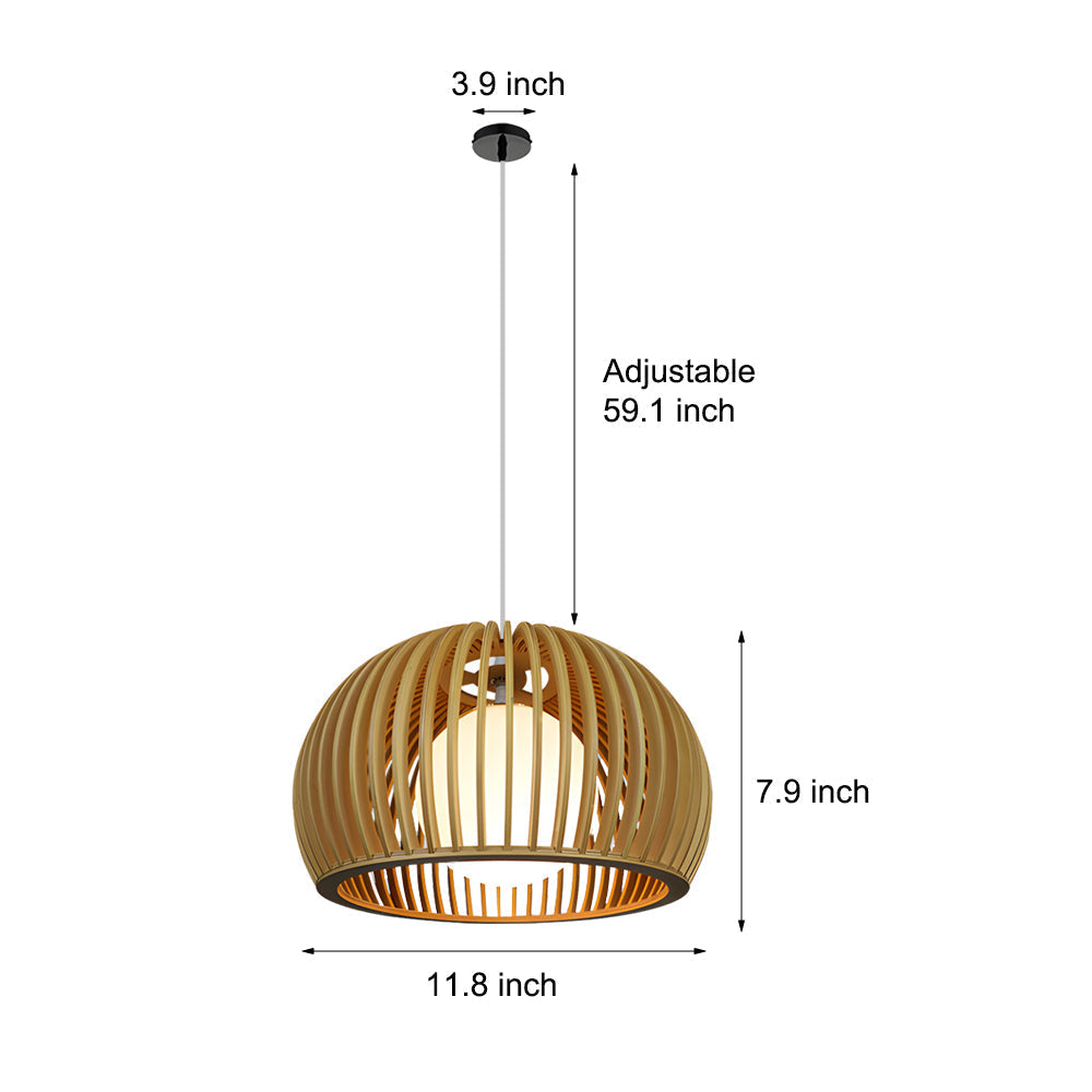 Modern Hemispherical Wood Birdcage Pendant Light with Glass Ball Shade for Living Room