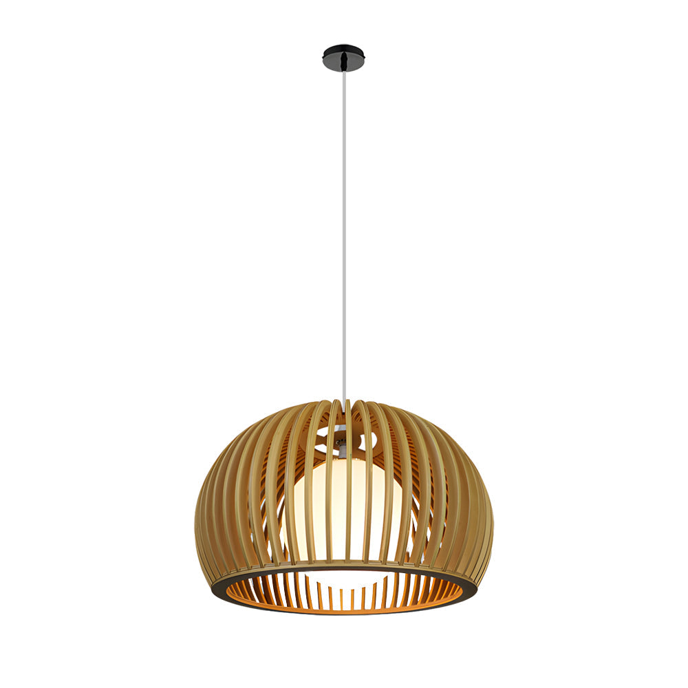 Modern Hemispherical Wood Birdcage Pendant Light with Glass Ball Shade for Living Room