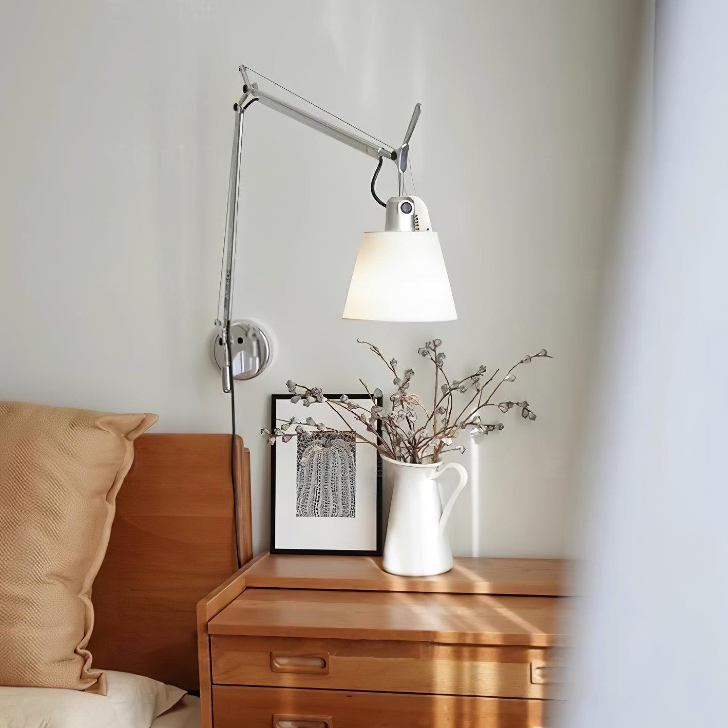 Modern Industrial Adjustable Rocker Wall Sconce with Fabric Shade and Fog Silver Finish