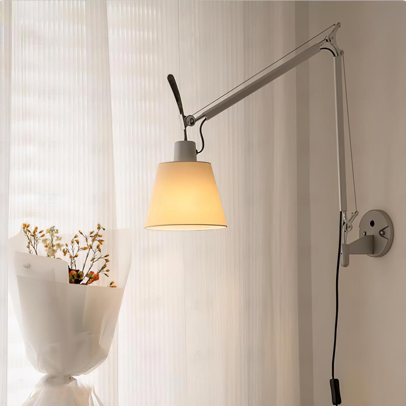 Modern Industrial Adjustable Rocker Wall Sconce with Fabric Shade and Fog Silver Finish