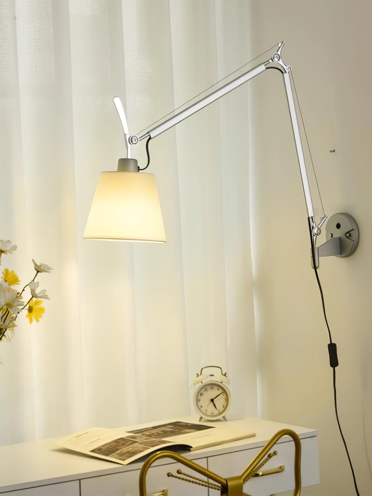 Modern Industrial Adjustable Rocker Wall Sconce with Fabric Shade and Fog Silver Finish