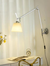 Modern Industrial Adjustable Rocker Wall Sconce with Fabric Shade and Fog Silver Finish