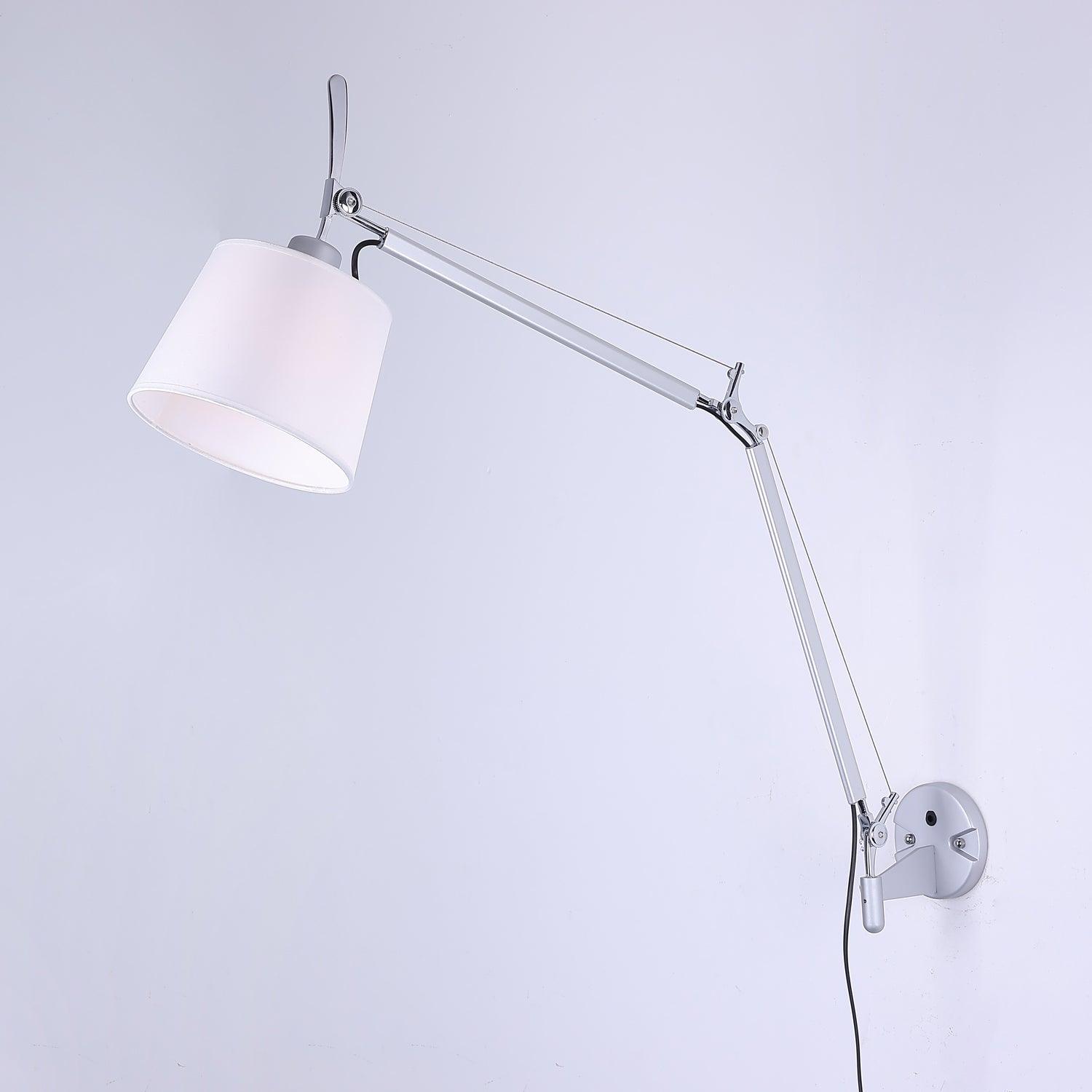 Modern Industrial Adjustable Rocker Wall Sconce with Fabric Shade and Fog Silver Finish