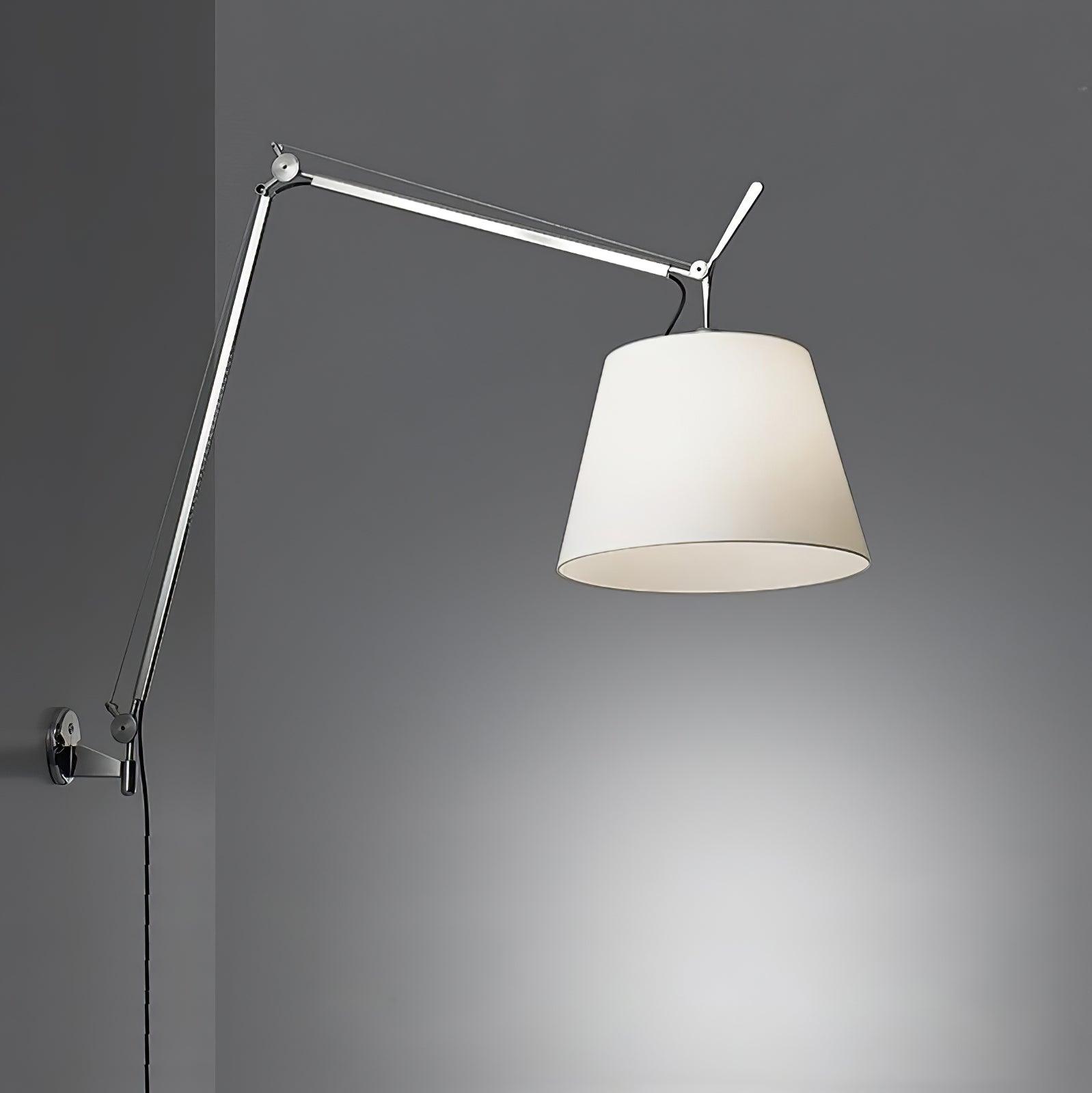 Modern Industrial Adjustable Rocker Wall Sconce with Fabric Shade and Fog Silver Finish