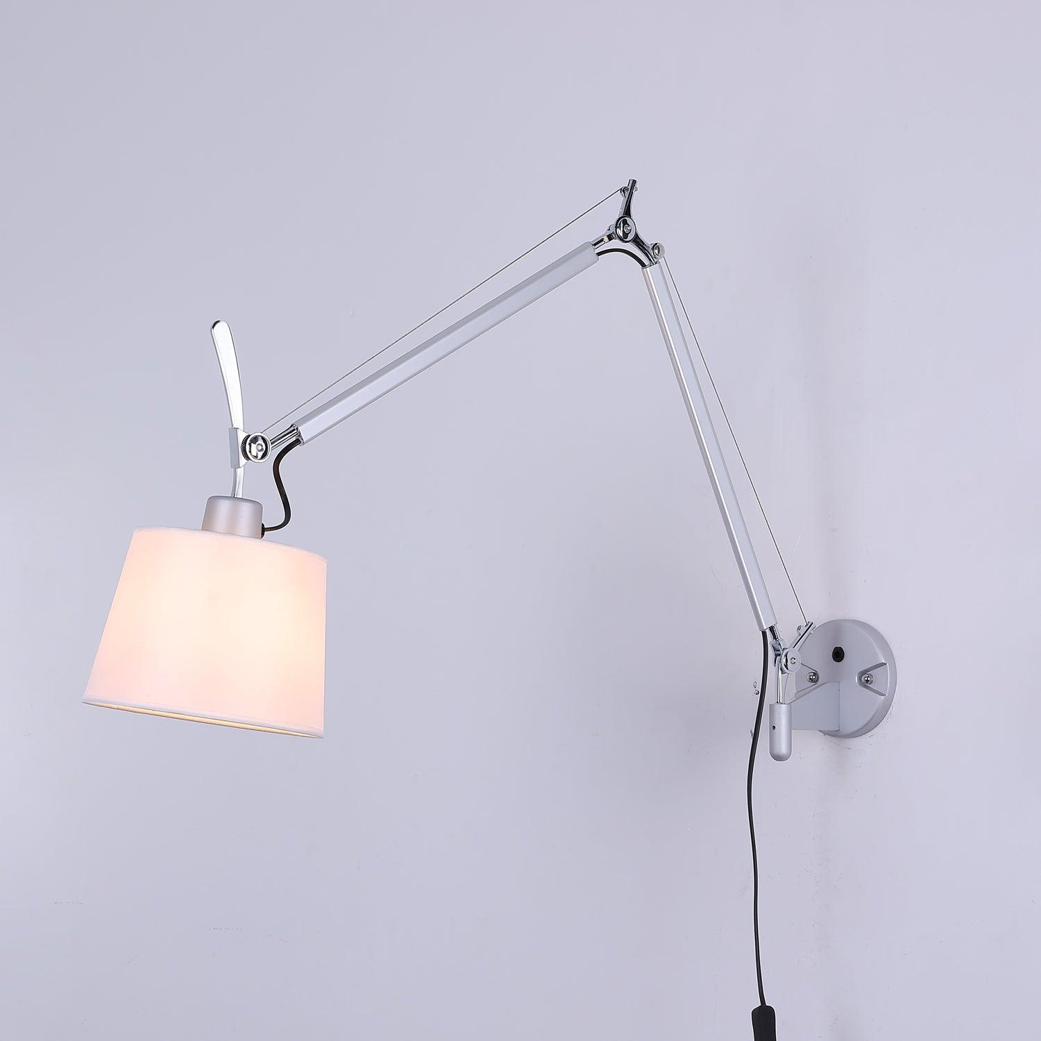 Modern Industrial Adjustable Rocker Wall Sconce with Fabric Shade and Fog Silver Finish