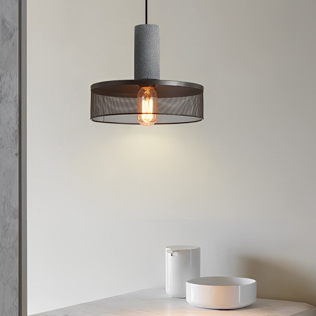 Modern Industrial Concrete and Black Metal Mesh Pendant Light E27 Cage Chandelier Ceiling Lamp