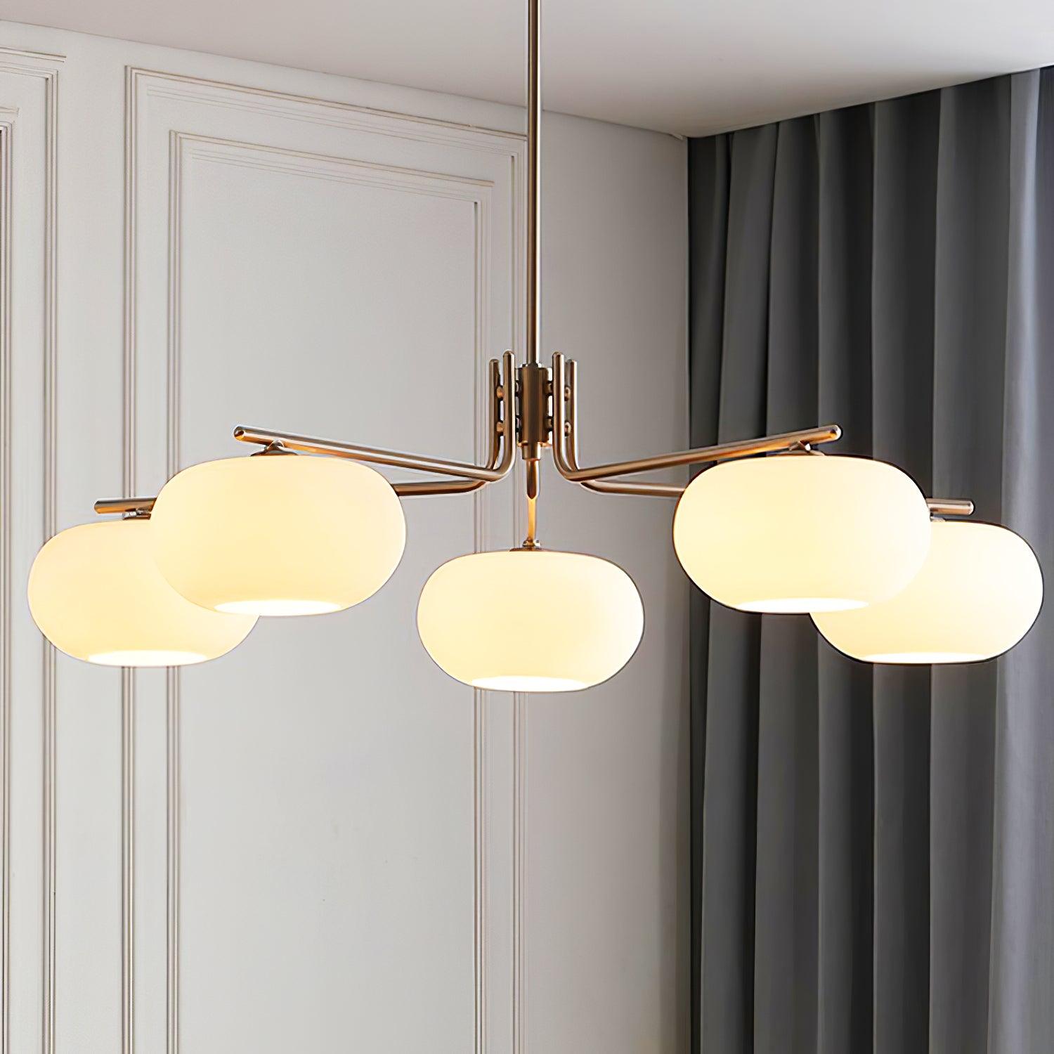 Modern Industrial Crown Chandelier Ceiling Light with White Glass Globes