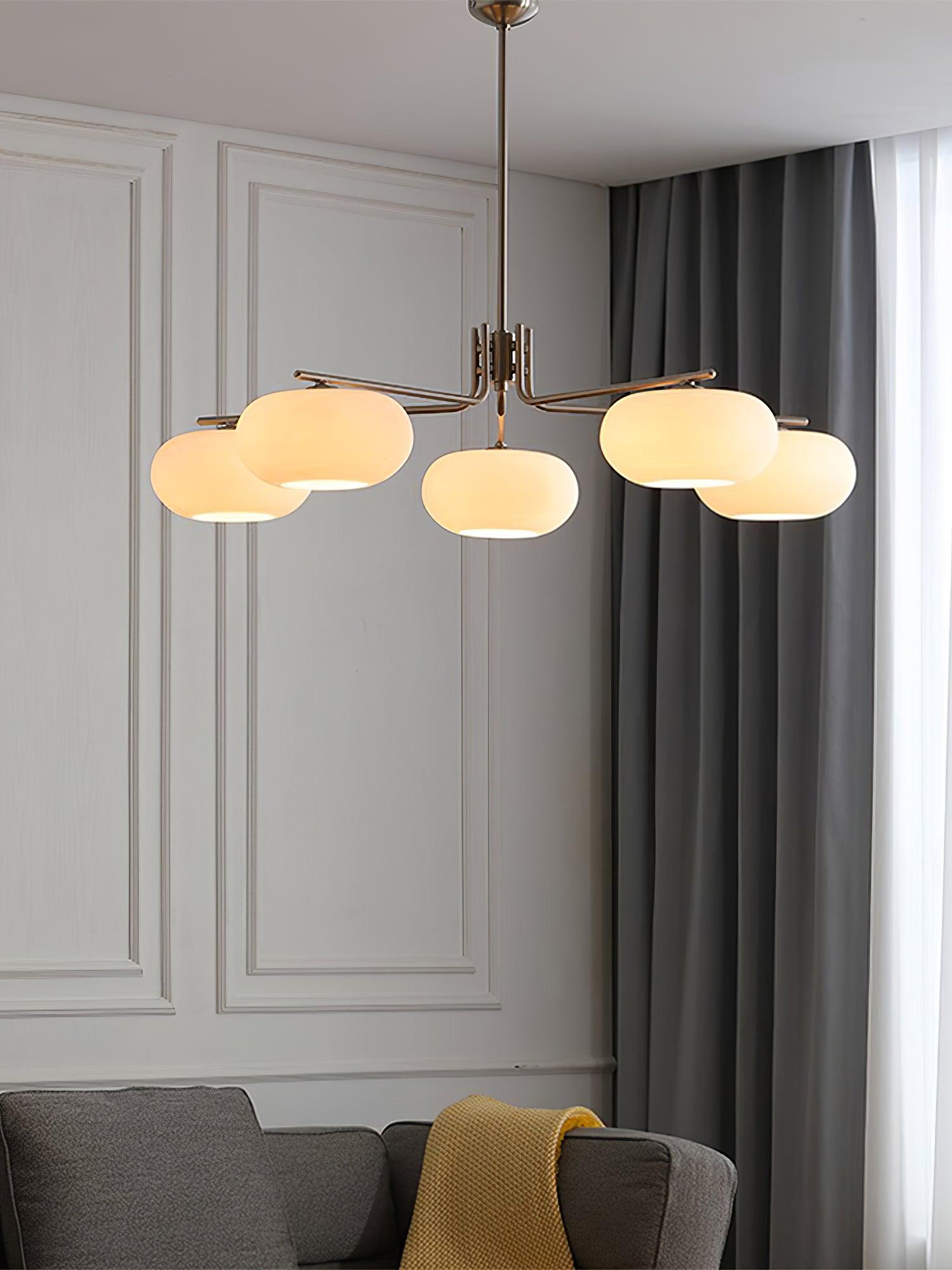 Modern Industrial Crown Chandelier Ceiling Light with White Glass Globes