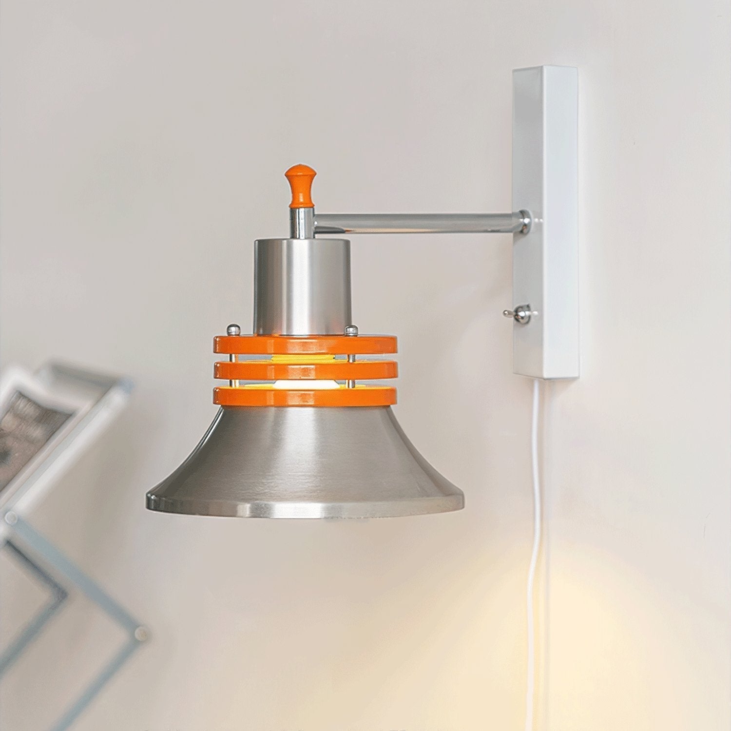 Modern Industrial Metal Bracket Wall Sconce with Polished Chrome Shade and Orange Accent Strap
