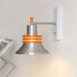 Modern Industrial Metal Bracket Wall Sconce with Polished Chrome Shade and Orange Accent Strap