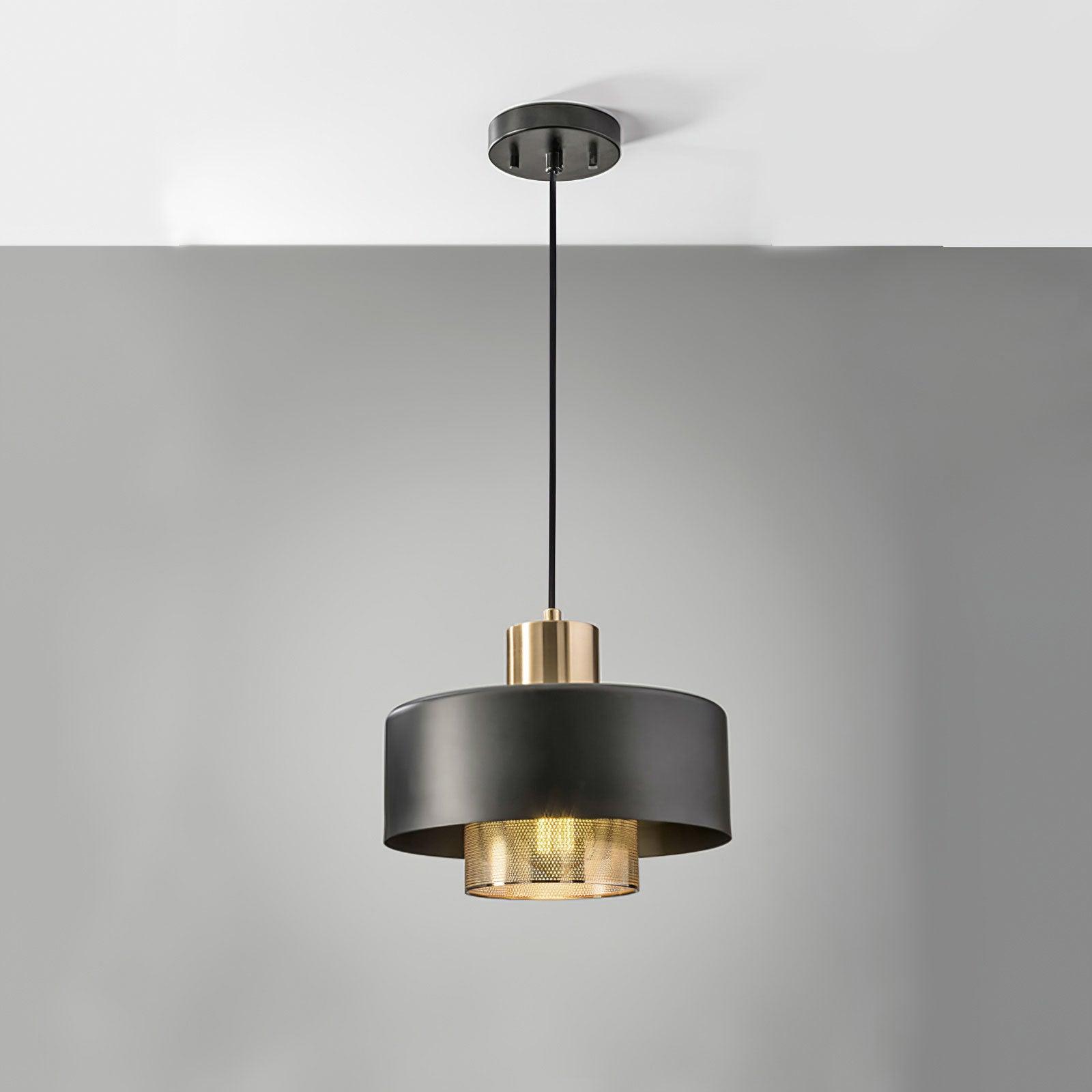 Modern Industrial Metal Pendant Light with Perforated Copper Shade and Adjustable Black Hanging Fixture