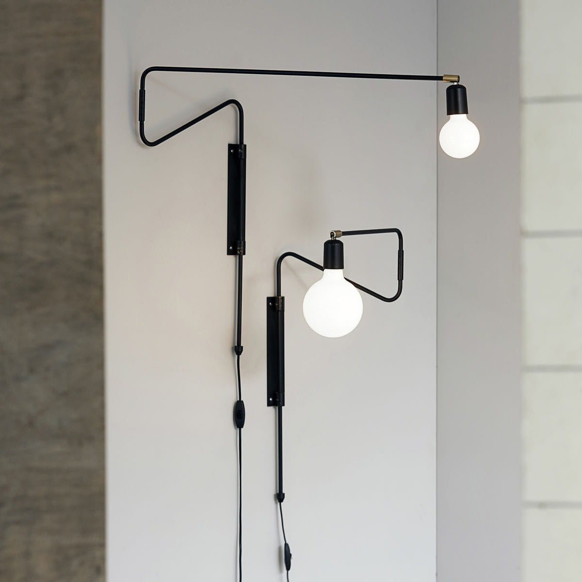 Modern Industrial Rotating Swing Arm Wall Sconce Set of 2 Brass and Black Adjustable Lamp