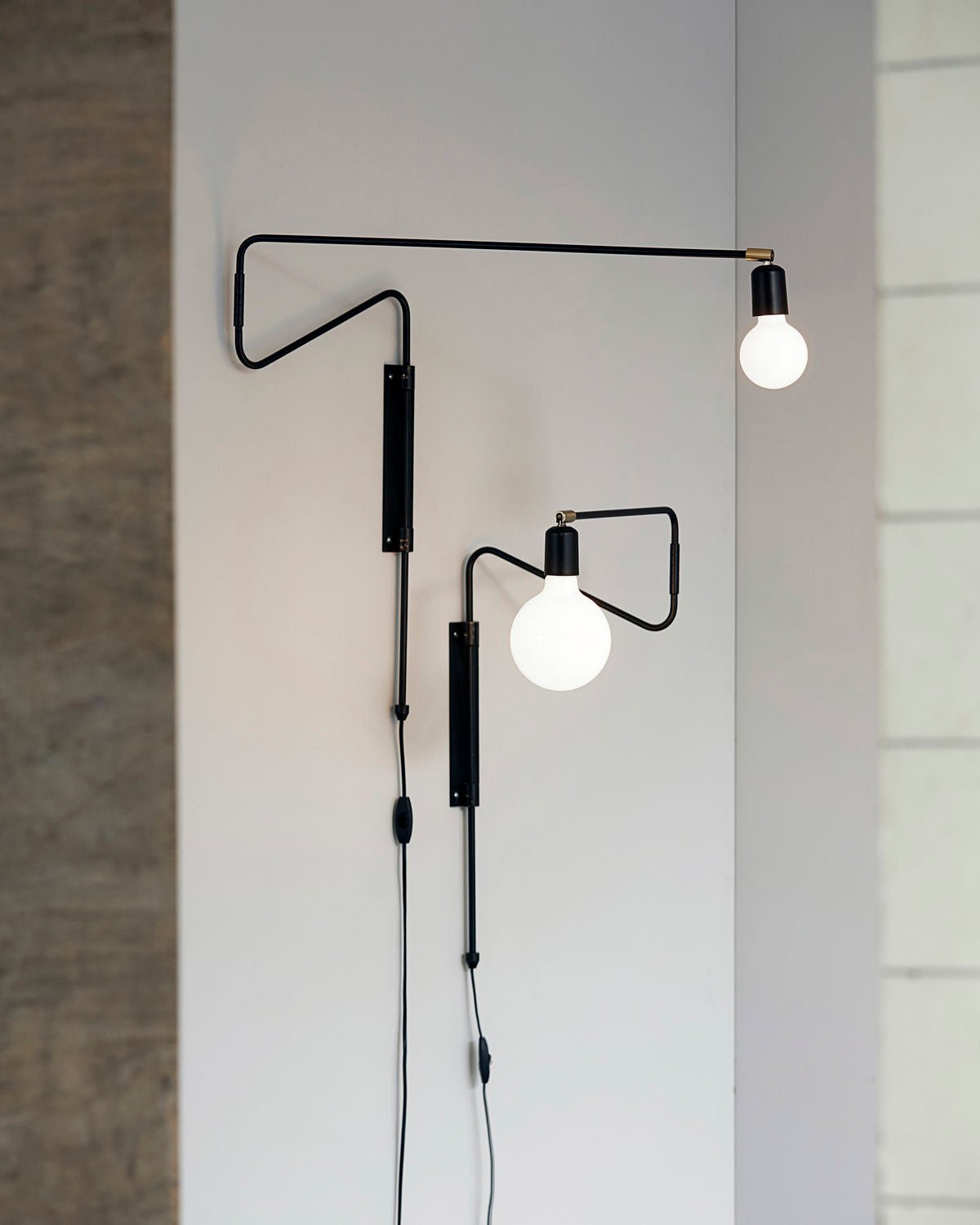 Modern Industrial Rotating Swing Arm Wall Sconce Set of 2 Brass and Black Adjustable Lamp