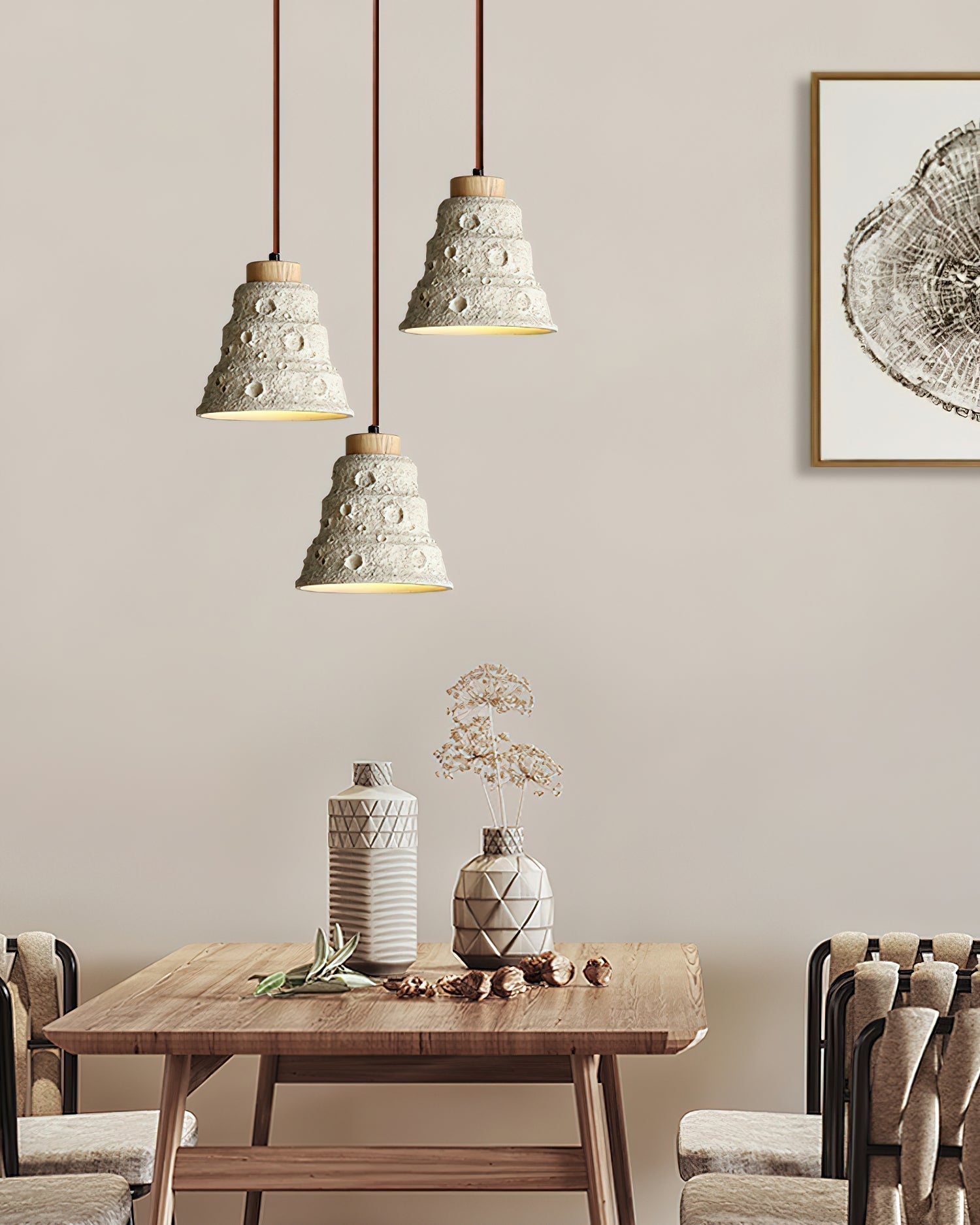 Modern Industrial Stone Bell Pendant Light with Wood and Cement Texture for Kitchen Island