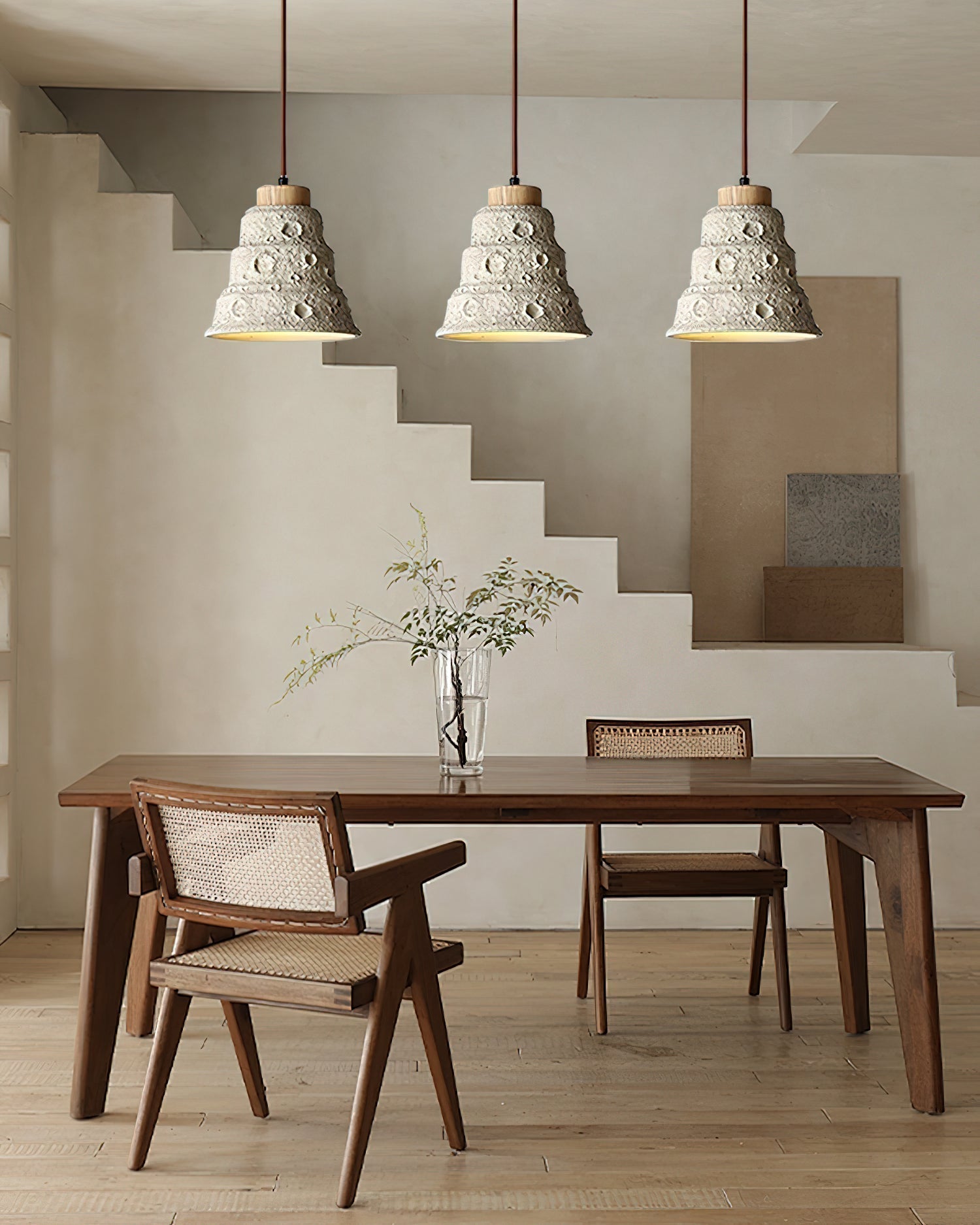 Modern Industrial Stone Bell Pendant Light with Wood and Cement Texture for Kitchen Island