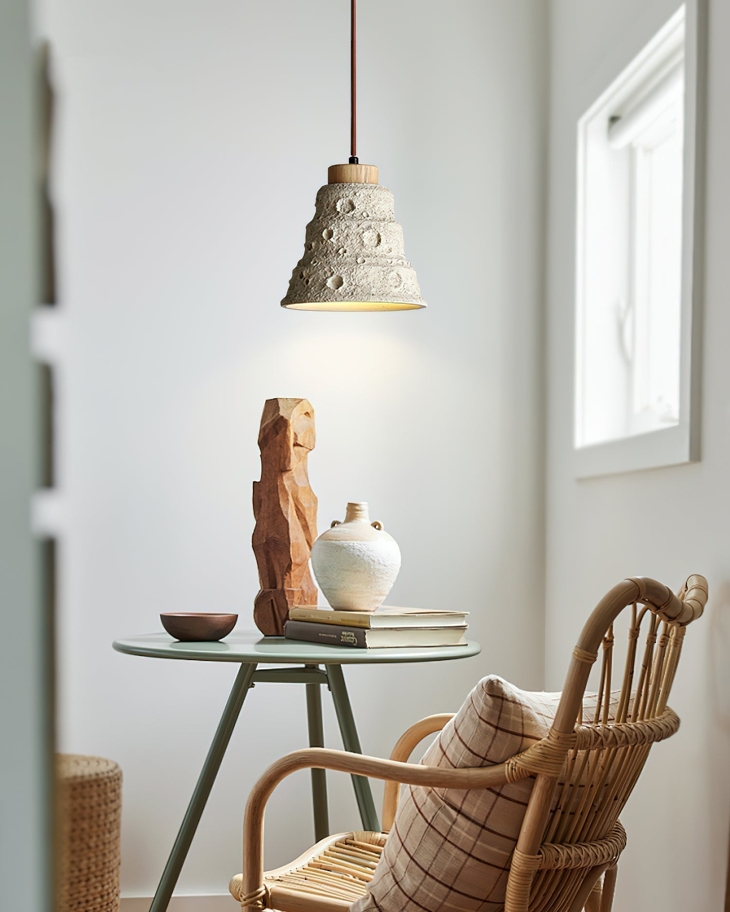 Modern Industrial Stone Bell Pendant Light with Wood and Cement Texture for Kitchen Island