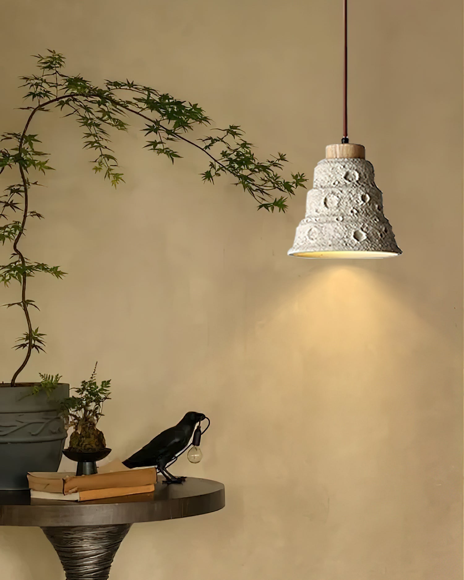 Modern Industrial Stone Bell Pendant Light with Wood and Cement Texture for Kitchen Island