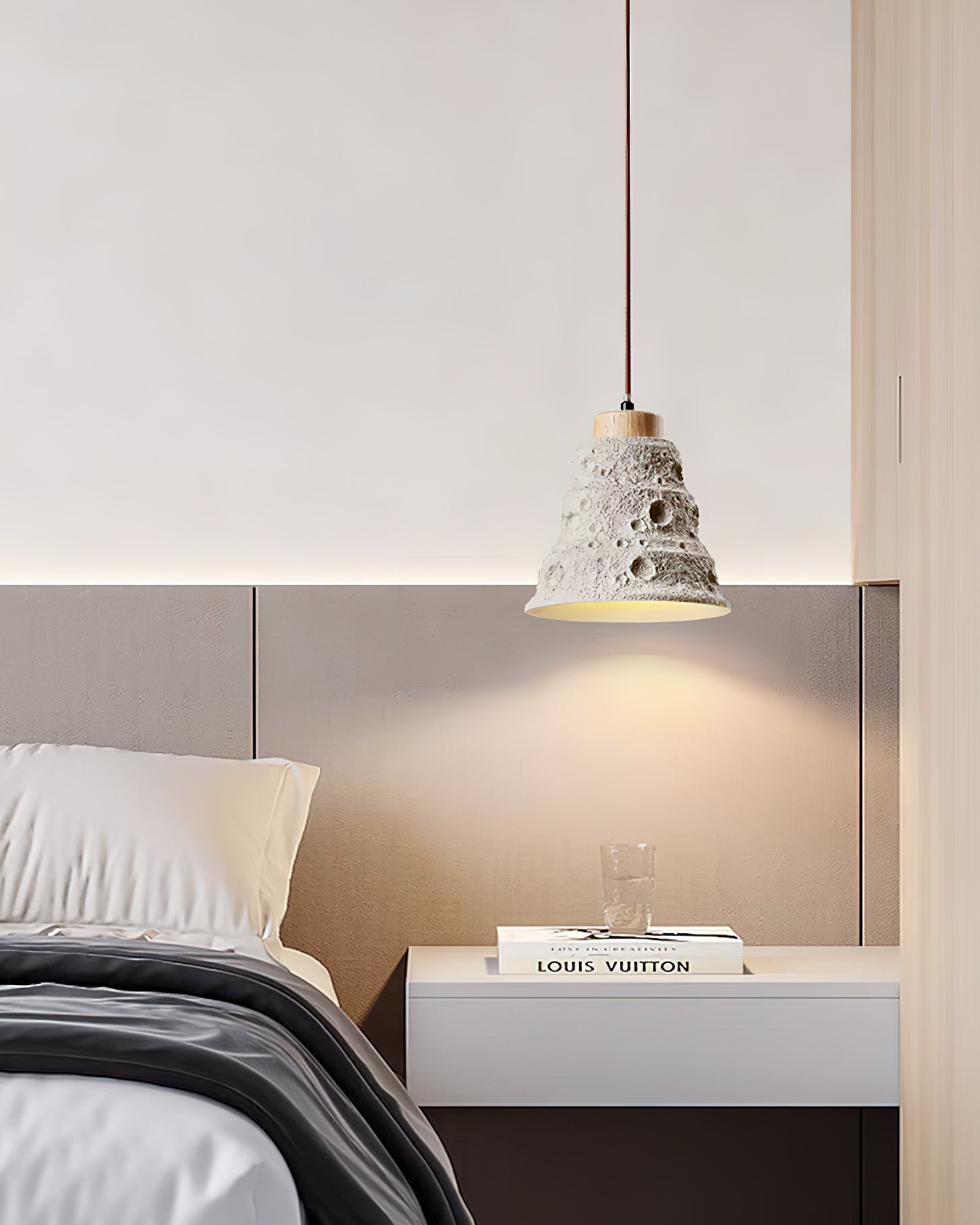 Modern Industrial Stone Bell Pendant Light with Wood and Cement Texture for Kitchen Island