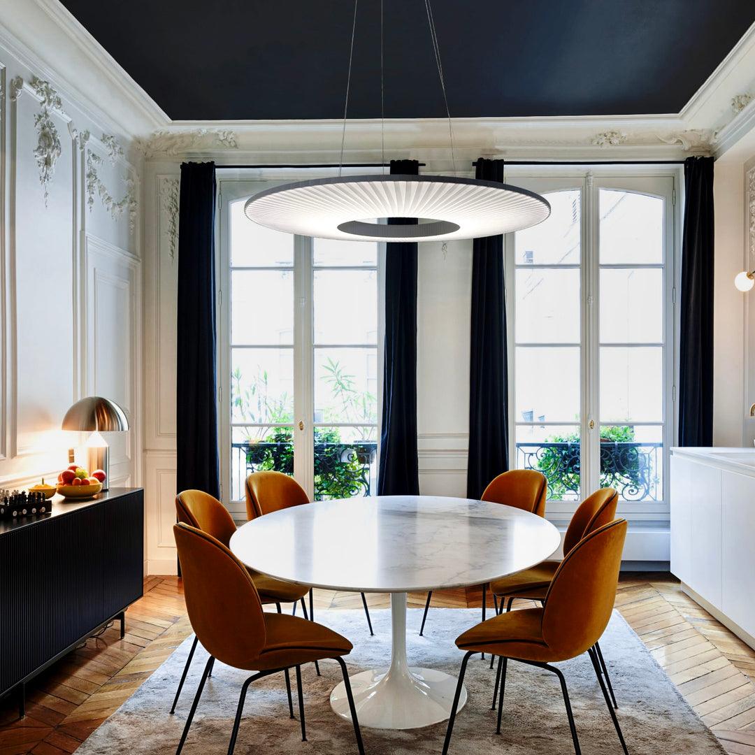 Modern Iris LED Pendant Light with White Fabric Shade and Adjustable Cable for Indoor Lighting