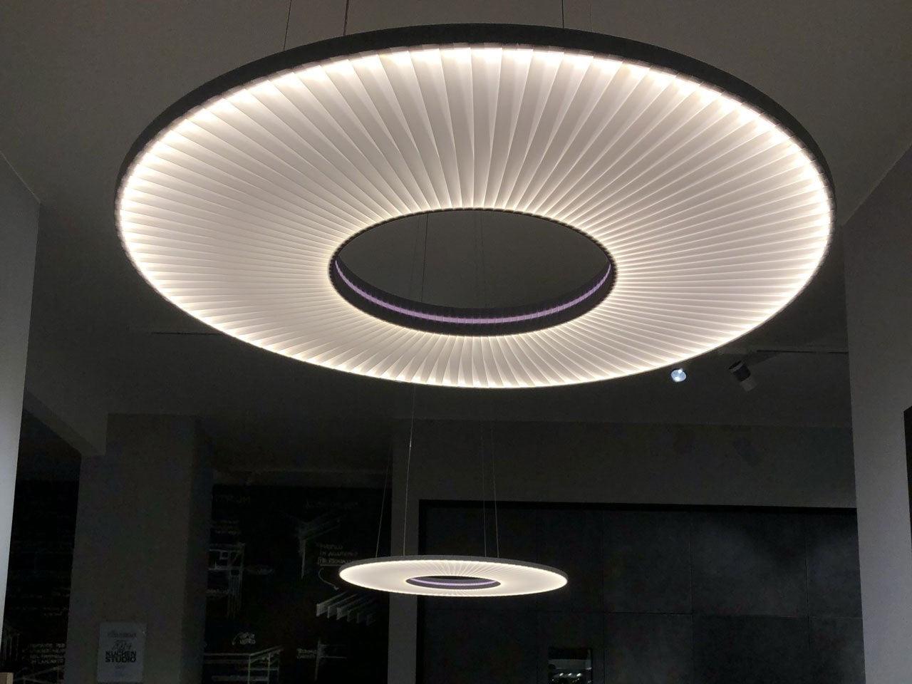 Modern Iris LED Pendant Light with White Fabric Shade and Adjustable Cable for Indoor Lighting
