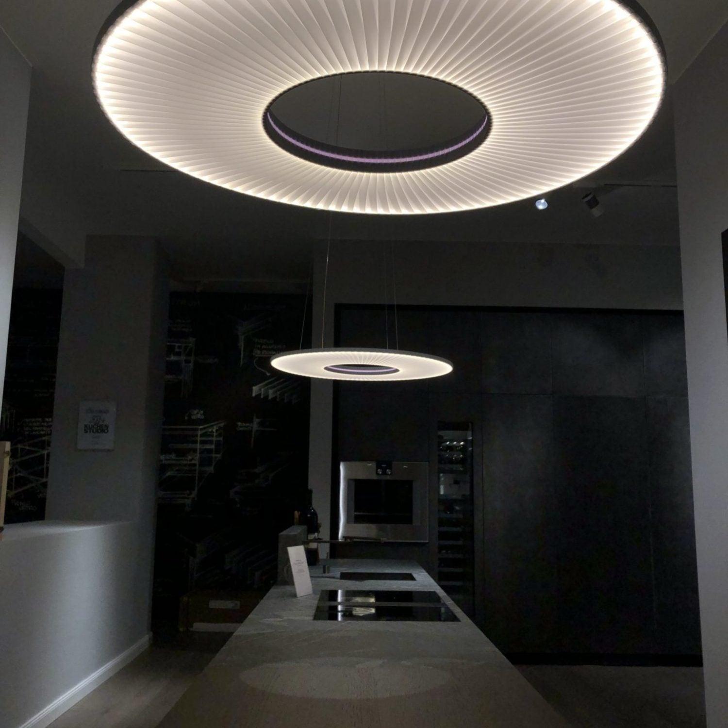 Modern Iris LED Pendant Light with White Fabric Shade and Adjustable Cable for Indoor Lighting